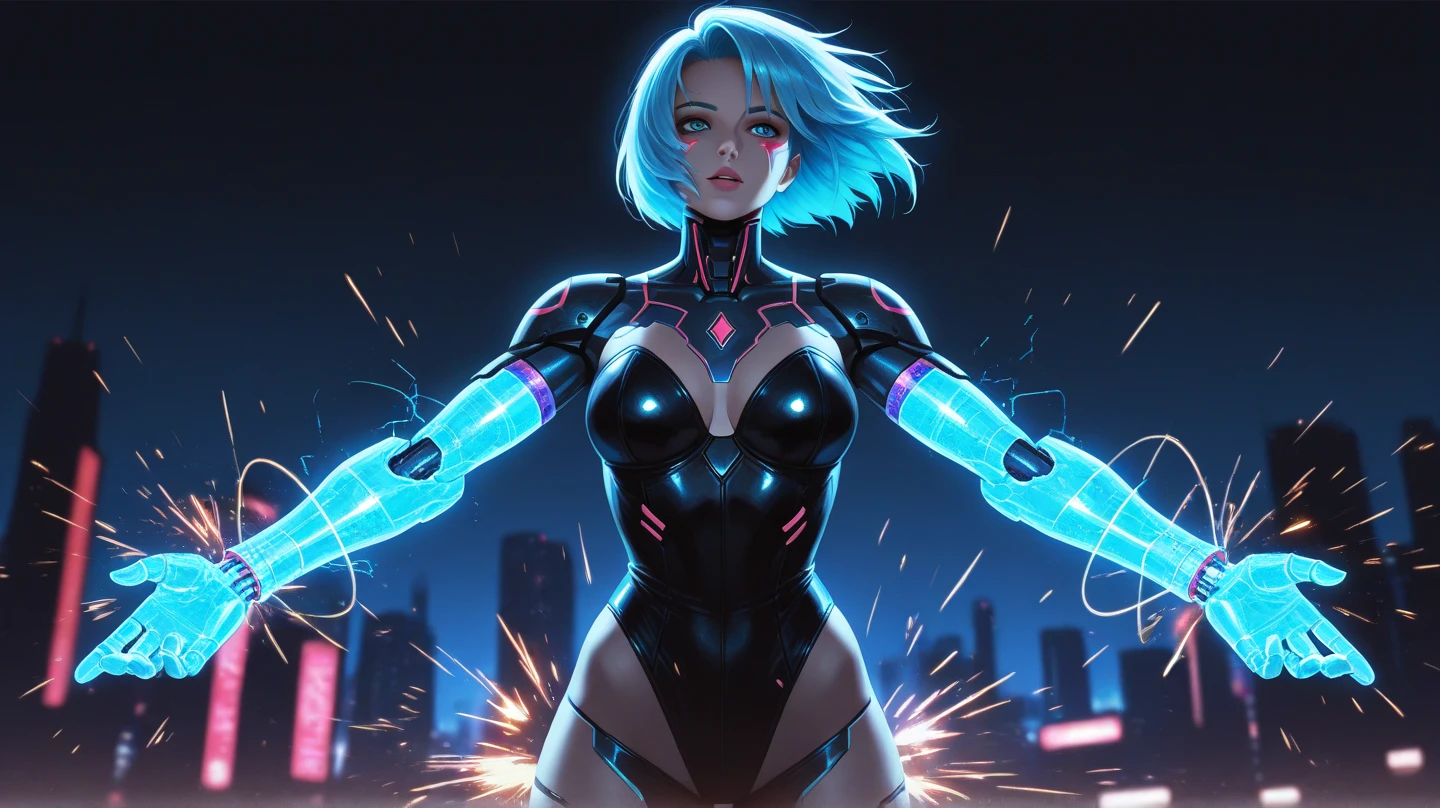 ((masterpiece, best quality):1.3) a girl, (translucent skin:1.4), tron circuit, wearing ((high-tech metal alloys intricate to the body)), (micro shorts and bustier made in biotechnology with tron circuits intricate)