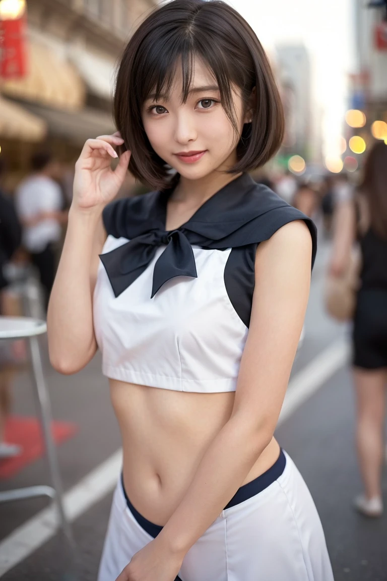 1girl, Solo, 20s, Ultra Realistic, Masterpiece, Sharp Focus, Super Detail, Absurdity, High Resolution, Dynamic Lighting, 50mm Portrait, City, Night, Neon, Cute, Slender, Glossy Skin, Delicate Face, Sexy Expression, White Shirt, Blue Tie, Bob Cut Hair, Pleated Skirt, (((Skirt Up: 1.3))), (((White panties visible))),