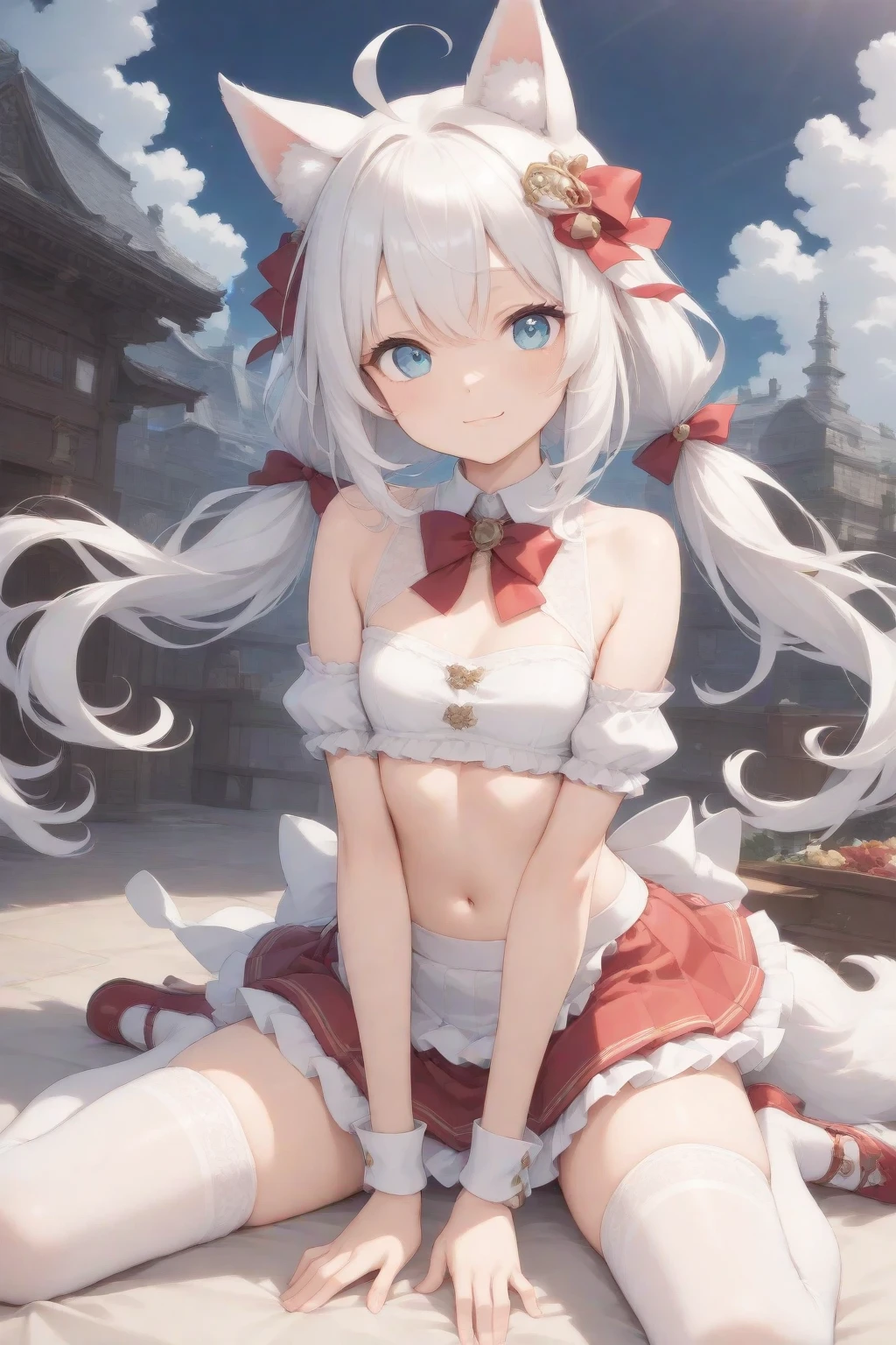 masterpiece,1girl,solo,white hair,twintail,cat ears,blush,open mouth,navel,cleavage, sarashi, <lora:poiSpring-000008:0.8>,(all fours:1.3),snowing, outdoors,(leash:1.3)
