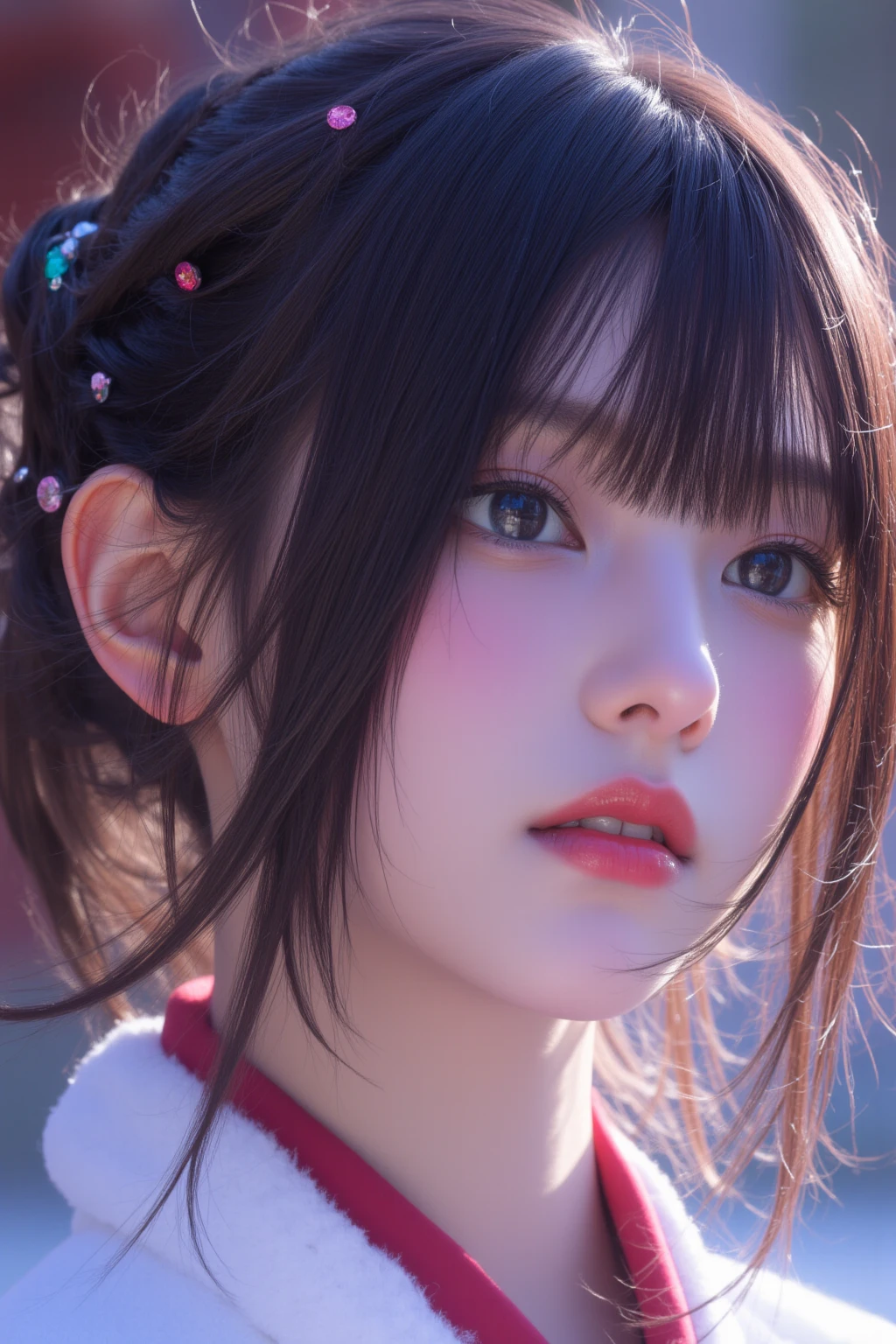 ((Best Quality)), ((Masterpiece)), (Detail: 1.4), 3D, Beautiful Cyberpunk Female Image, HDR (High Dynamic Range), Ray Tracing, NVIDIA RTX, Super Resolution, Unreal 5, Subsurface Scattering, PBR Texture, Post-Processing, Anisotropic Filtering, Depth of Field, Maximum Sharpness and Sharpness, Multi-layer Texture, Albedo and Highlight Mapping, Surface Coloring, Mitsu-Accurate Simulation of Material Interactions, Perfect Proportions, Octane Rendering, Two-color Light, Large Aperture, Low ISO, white balance, regular three-point, 8K RAW, beautiful bright pupils, flowing robe, fine pupils, delicate face and eyes, long eyelashes, blush, fluffy hair, pink lips, pure, cute