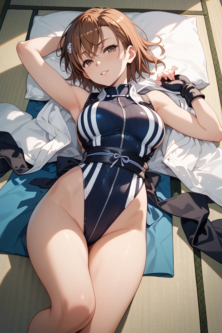 (top-quality、hight resolution)、(((1girl、highleg swimsuit、Emphasizes cleavage、spread legs、large breasts)))、(embarrassed、In the middle、Sexual pleasure)、nsfw、from front、Sit on the bed、looking at viewer、pussy