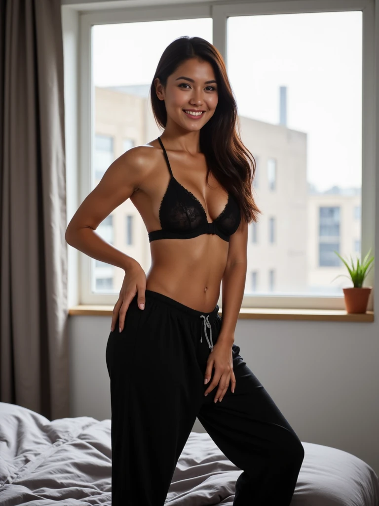 Young Thai woman, Fit physique, fitness physique, portant de la lingerie noire sexy, watch on the canapé, les jambes ouvertes, corps sexy, (8K), (best quality), (chef-d&#39;artwork:1.3), (realistic), (Photorealistic:1.34), ultra-detailed, [Beautiful detailed eyes], (sourire), (sourire), (beautiful detailed nose), [cheveux blonds très longs], (haut court), lingerie noire, (superbes seins taille normale), (gros plan), profondeur de champ, full body view, sitting on the sofa, legs spread, montrant l&#39;entrejambe, pieds en l'air