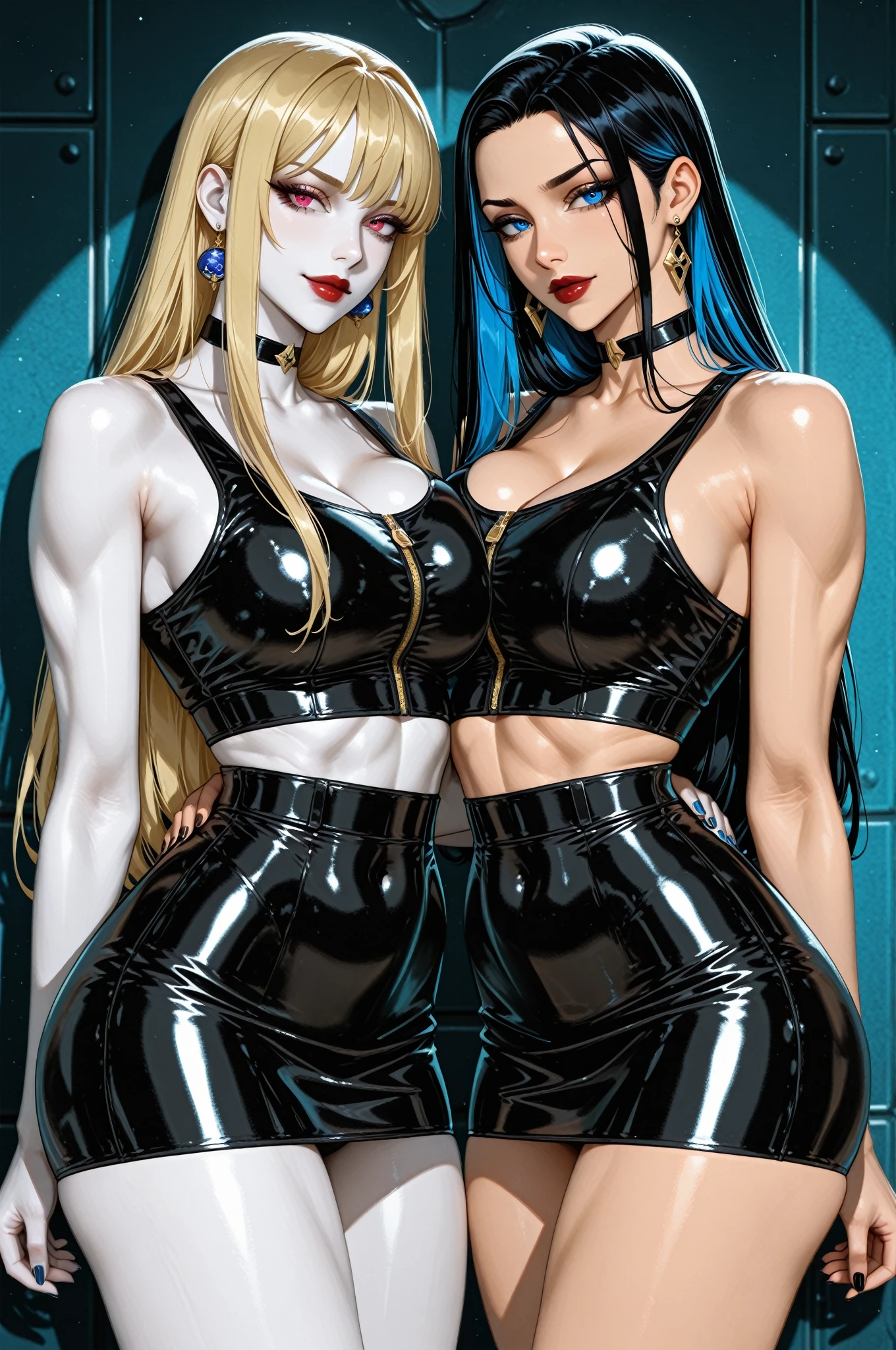 Sexy Hermaphrodite, Plump, pursed lips, freckles, Long curly black and yellow hair with bangs, Crystal blue eyes with smoky eyeshadow and black eyeliner, Black semi-matt lipstick, Dark Skin, A frivolous, proud smile, ,Full body image、Background white、Stiletto heel thigh-high boots