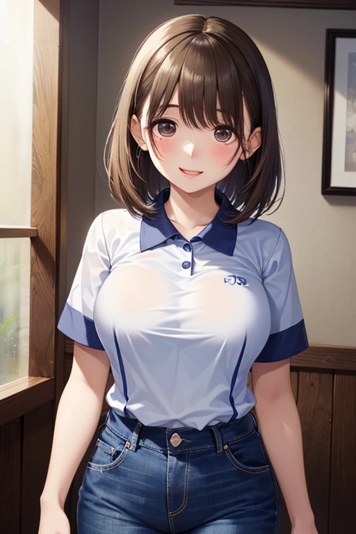 ((highest quality, High resolution, Perfect Pixel, Written boundary depth, 8k)), 1 girl, high school student, beautiful girl, (Detailed face, Perfect Face), Baby Face,((Red eyes:1.4, Beautiful eyelashes, Realistic eyes)), ( blush:1.4), smile, ((Brown Hair,short hair, Curly Hair:0.5)), ((Smooth texture:0.75, Realistic texture:0.65)), Sweaty skin:1.3, Medium chest, Perfect body, Firm stomach, (Separate uniform:1.3), Athletics part:1.5, outside