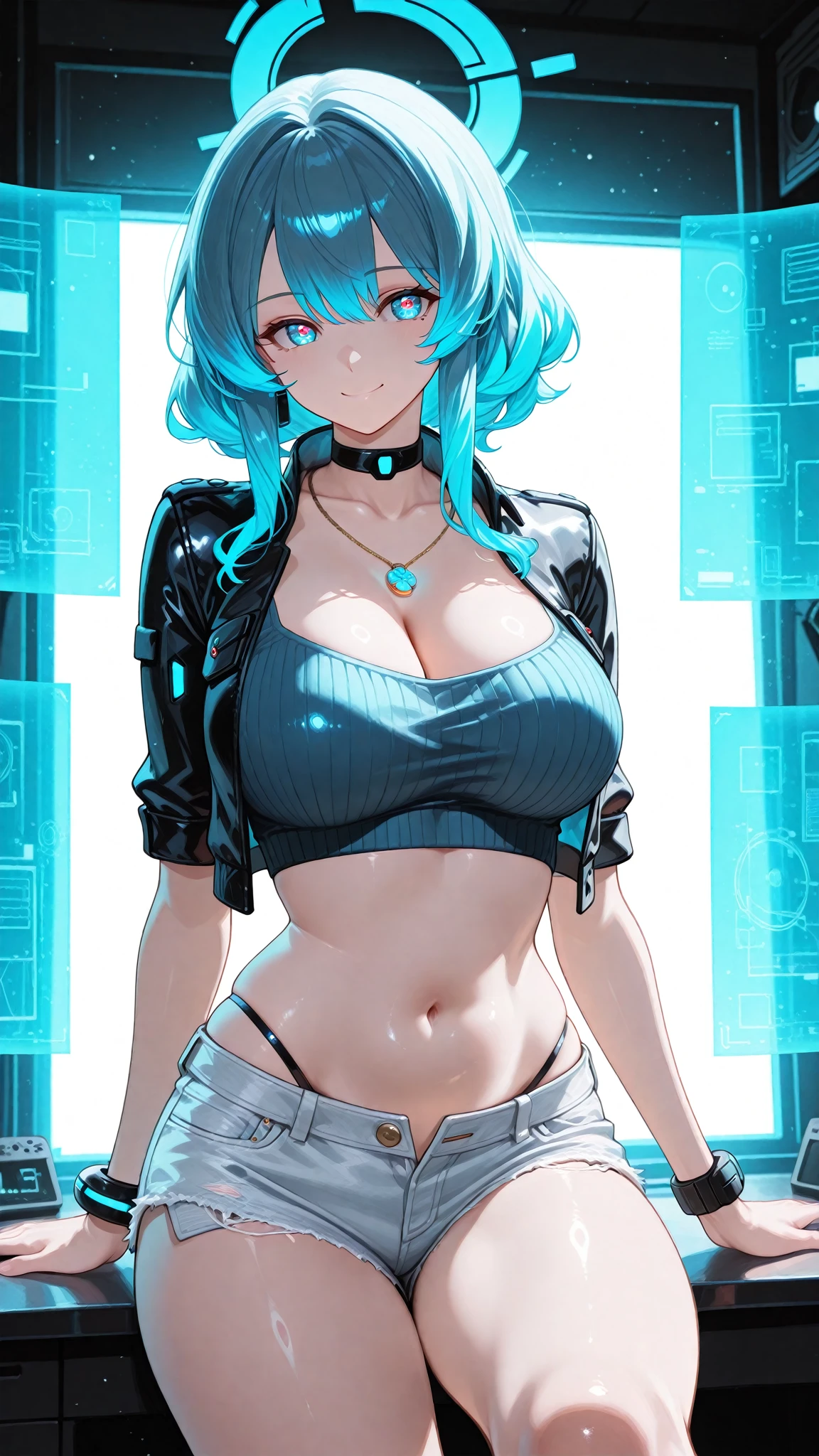 Cute girl, white skin, short white hair, black eyes, blue tattoos, semi-naked, collar, big breasts, exposed stomach, short pants,