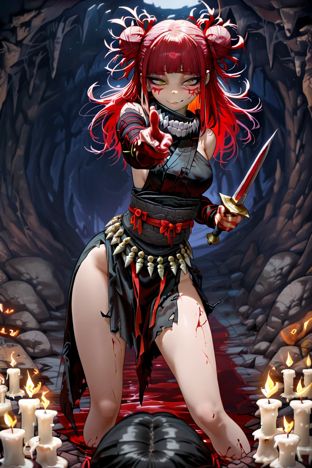 Damsel in distress. Human woman (young 18. red miniskirt (damaged and torn), red fishnet top) is fleeing through the woods crying and scared, werewolf chasing her, forest