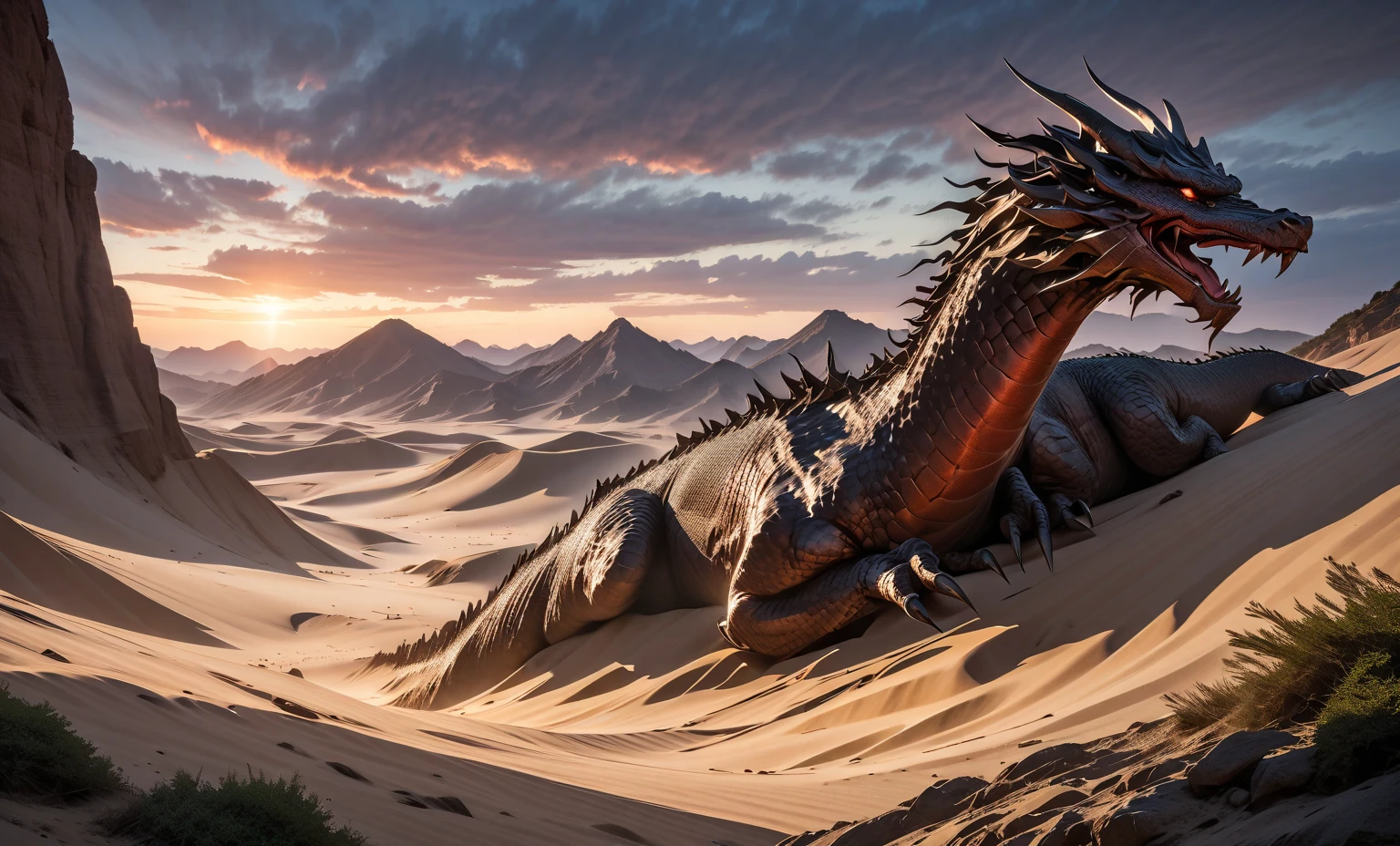 a gigantic serpent with numerous sharp teeth in the desert, intricate scales, coiled muscular body, piercing eyes, arid desert landscape, golden sand dunes, scorching sun, dramatic lighting, cinematic composition, highly detailed, photorealistic, 8k, (best quality, 4k, 8k, highres, masterpiece:1.2), ultra-detailed, (realistic, photorealistic, photo-realistic:1.37), HDR, UHD, studio lighting, ultra-fine painting, sharp focus, physically-based rendering, extreme detail description, professional, vivid colors, bokeh