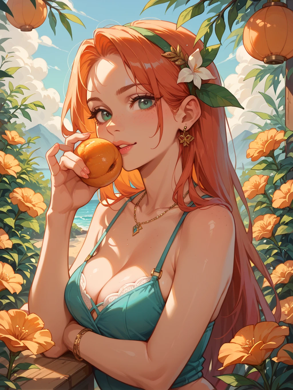1girl, solo, redhead hair, braided hair style, serene expression, mesmerizing green eyes, green pupils, (completely naked, fully naked), poised posture, small breast, freckles, freckles, freckles all over body, hands up behind the head, armpit, collarbone, blushed, sitting on, (pubic hair freshly shaved):1.2, subtle blush, silver pendant, hoop earrings, golden hour, (rim lighting):1.2, warm tones, sun flare, soft shadows, vibrant colors, painterly effect, dreamy atmosphere, scenic lake, distant mountains, lodge background, willow tree, calm water, reflection, sunlit clouds, peaceful ambiance, idyllic sunset, ultra detailed, official art, unity 8k wallpaper, zentangle, mandala