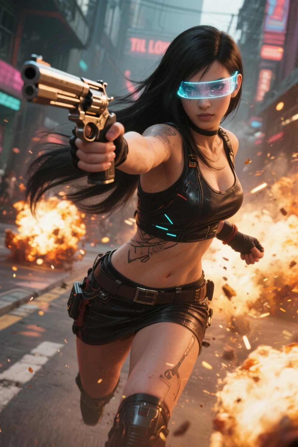 At night, dark sky, aerial view of fantasy cyberpunk style ((Moai-statue)) city, ((flying vehicle)). ((1girl, solo, alone)), photo realistic, medium-breast:1.1 slim body, cleavage, sexy clothes, (black sunglasses), (((hip-up standing and pistol aiming pose))), half-body thigh level medium shot, cinematic lighting.