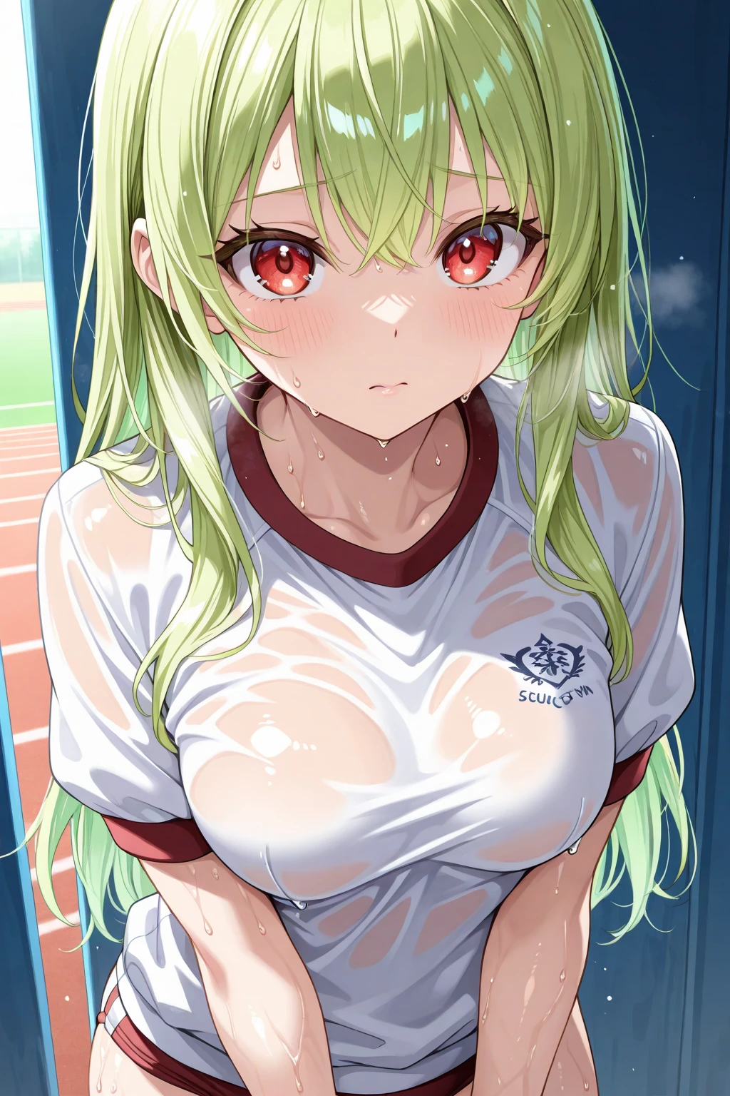 mastute piece,Best Quality,insanely detailed,8k cg,nsfw,
(shoot upper body:1.3),
(1girls:1.3),standing,looking at viewr,body in front,both arms behind back,(badminton-uniform:1.3),(bare breasts:1.2),(bare nipples:1.2),
break,
blush,shy,(ecstasy face),(trembling:1.2),break,(light green hair:1.3),
break,
perfect breasts,perfect teats,(open mouth:0.9),(large breasts:1.2),
(badminton-court),