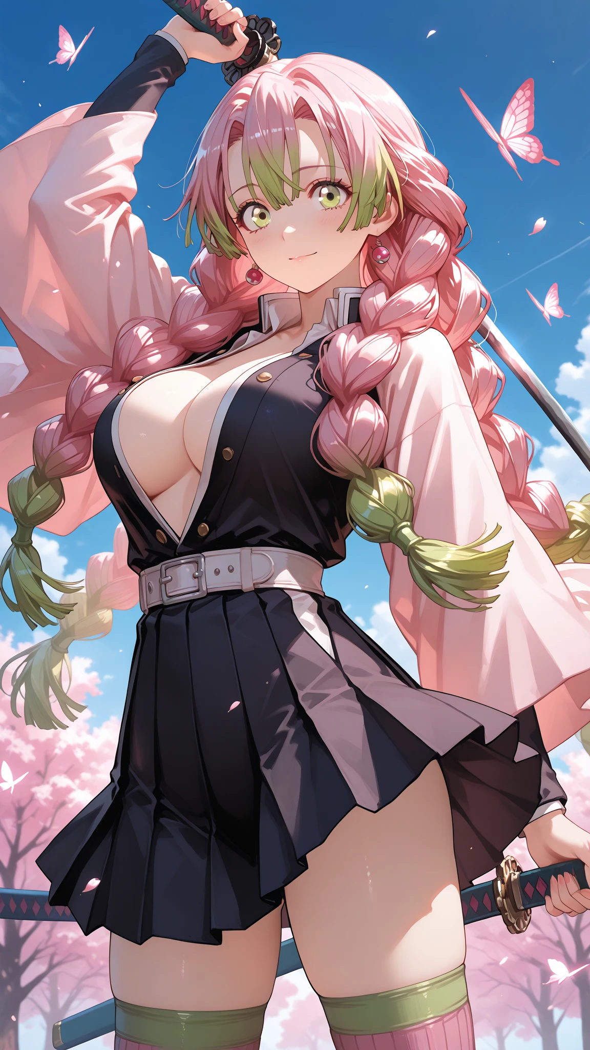 ((woman,huge breasts, (huge breasts:1.8),とても唇が赤いhuge breastsを強調,big ass,thin waist,long legs,green eyes立っている)) 8k((((anime style),(Good at drawing faces))))8k(((((anime style)green eyes)))) 8k((Standing at the station))8k((Waiting for a train at the station))8k((early morning))8k((beautiful woman))((学生blazer15歳学生服 緑のネクタイ, blazer, pleated skirt))8k(((((spring,cherry blossoms,The wind is blowing,the skirt is turned up,cherry blossomsが散っている:1.3)))))