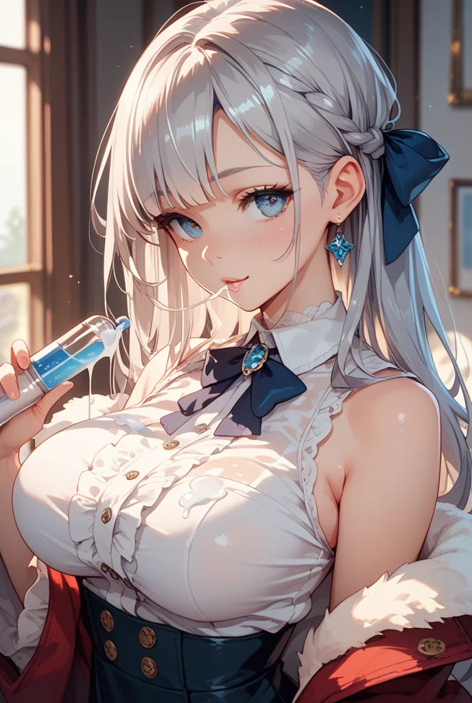 (Masterpiece: 1.2), Best Quality, (Illustration: 1.2), Eye Focus, (Ultra Detailed), Ultra Detail, (Fine Detail), (Intricate Detail), (Cinematic Light, Best Quality Backlight), Clear Lines, Solo Female, Solo Female, Perfect Figure, (1 Girl), High Contrast, (Best Lighting, Extremely Delicate and Beautiful), ((Cinematic Light)), Powerful, Absolutely Striking, Dynamic Angle, Gorgeous Background, cute Teeth, Open Mouth, mischievous smile, close-up, depth of field, close-up of a long-haired character. A cute tongue sticks out of the mouth, long hair, big breasts, short sleeves, dress, bare shoulders, braids, porcelain clothes, having an icecream