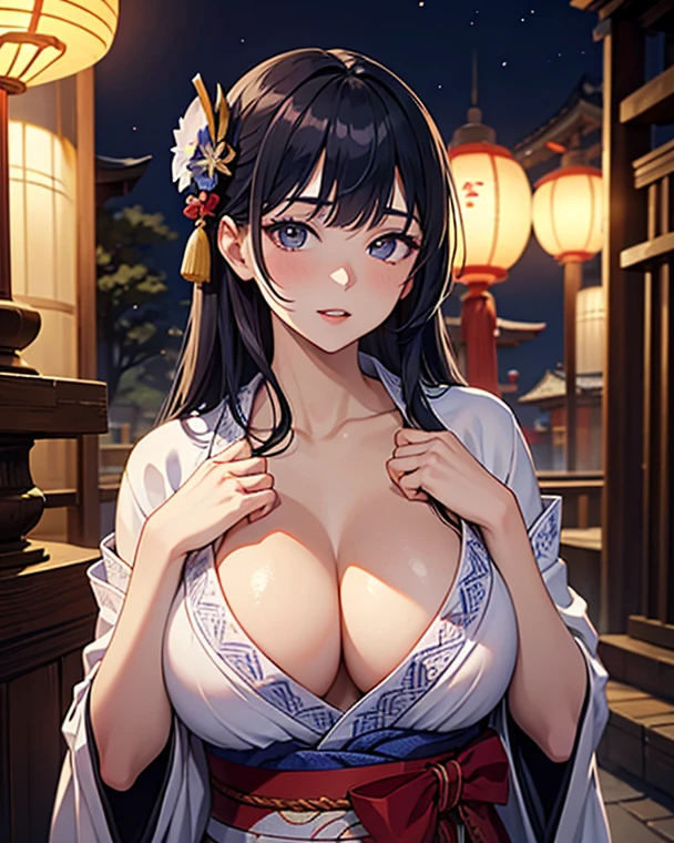 (((masterpiece, best quality))), (((superior quality))), cute girl, ((extremely detailed girl)), (huge breasts), (yukata), (bare shoulders), strapless top, slight smile