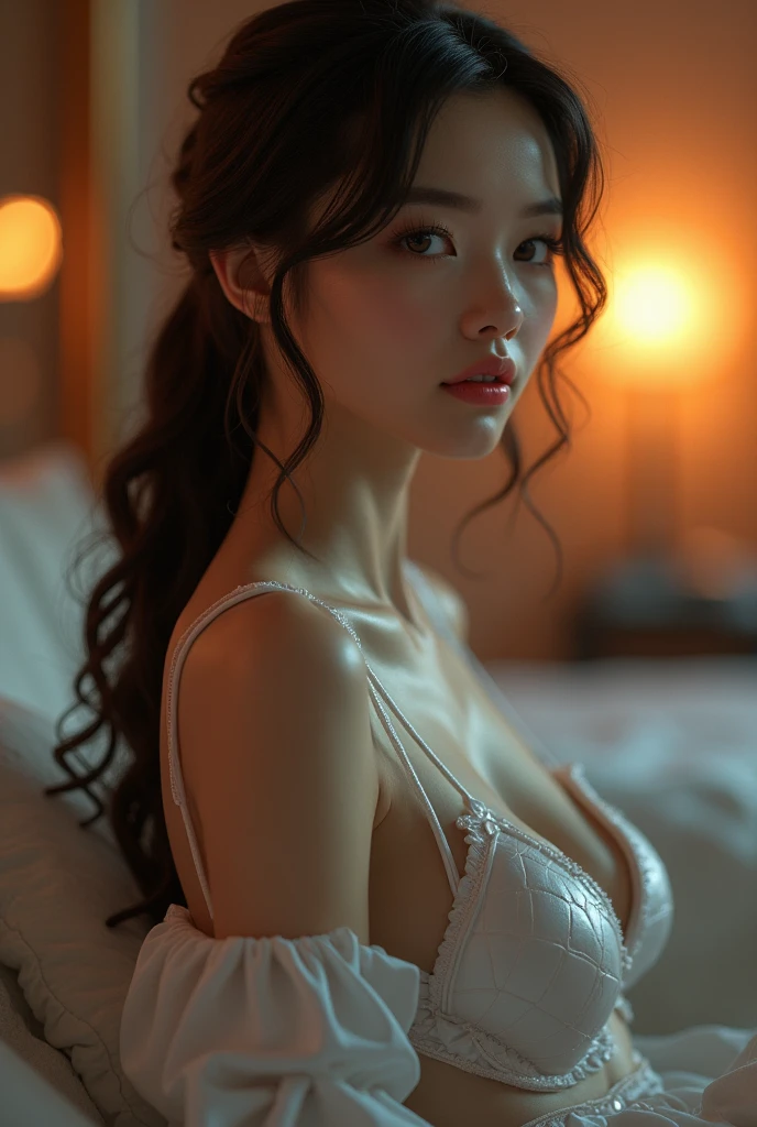 1girl, Lying in bed, ((Bird's eye view shot)), ((cowboy shot)), night, candlelight, Show off your exquisite figure and graceful curves, slim body, big breasts, cleavage, sexy legs, big eyes, elegant posture, long hair, brown hair, curls, big wave, night, candlelight, Warm colors, masterpiece, best quality, correct, anatomy correct, official art, complex, detail's face, detail, lifelike, Very detailed, official art