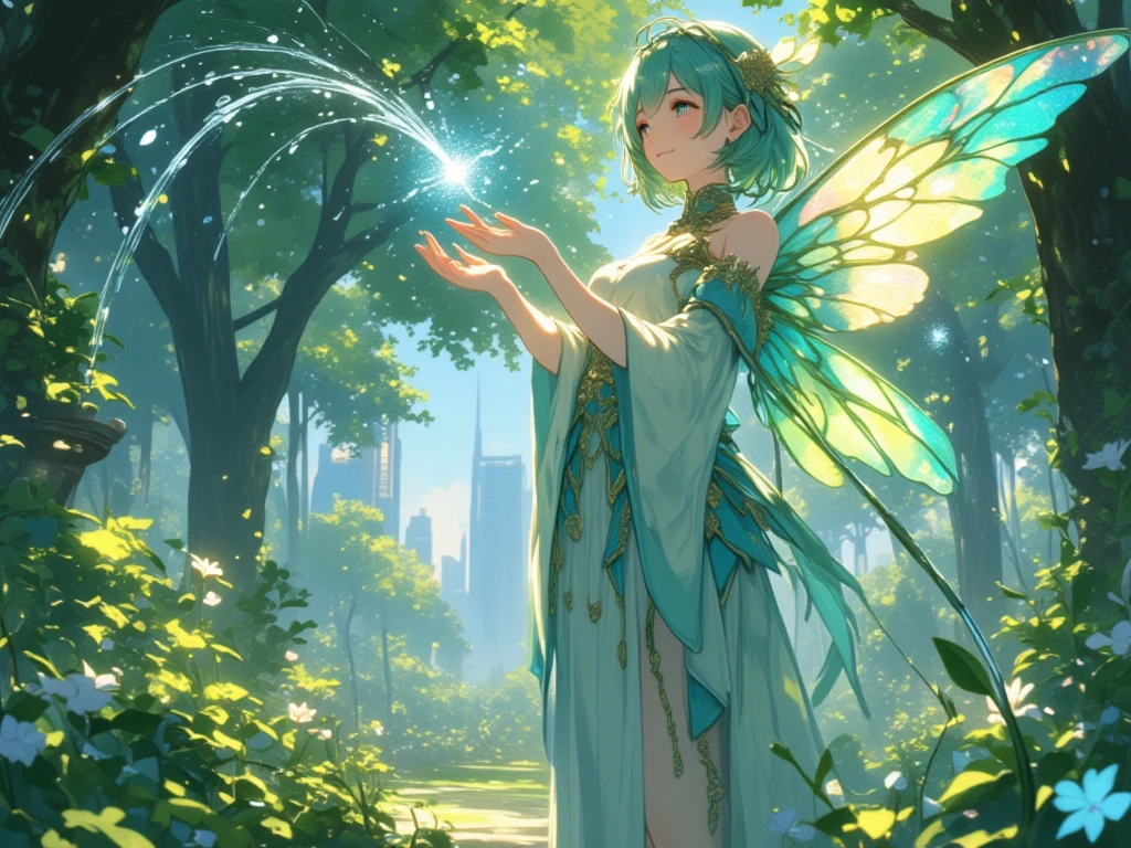 painting, Impressionism, Sitting by a fountain deep in the forest，Bask in the gentle sun, Feet of a girl immersed in water, Beautiful face and bright eyes. (Large fairy wings with sunlight effect:1.5) 。She was wearing a delicate lace dress. Fantastic deep forest lakeside decorated with flowers. Floral. Reflection. Bright colors. High image quality.