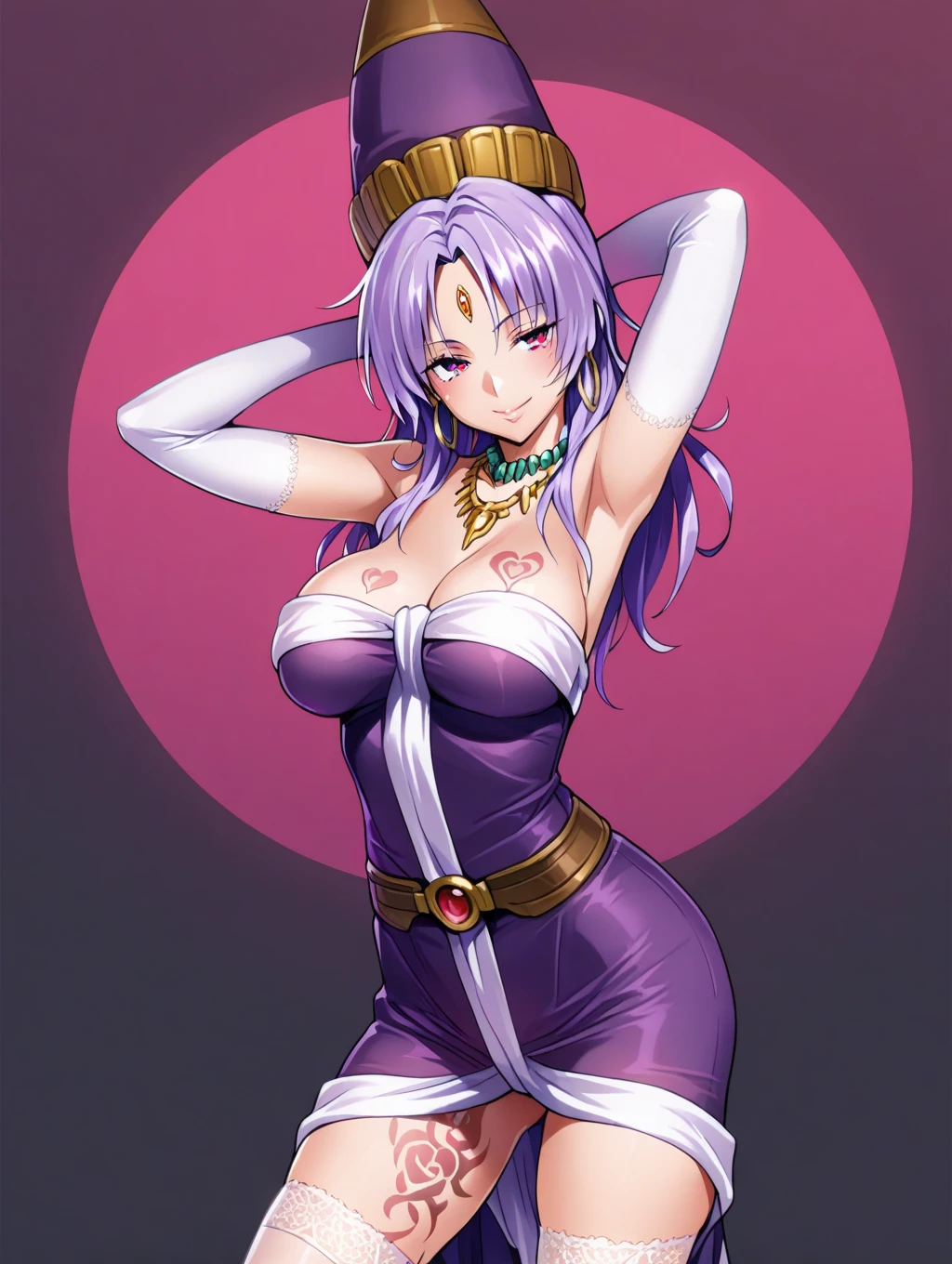 (masterpiece, best quality), best quality, (ultra-detailed), (3heads:1.5), 1girl, (watatsuki no yorihime:1.3), masterpiece, best quality, ultra quality, ultra resolution, ultra detail, dark red top, small crop top, ((stomach)), midriff, ((groin)), open midriff, dark red skirt, miniskirt, normal ears, shackles, light purple hair, tied into a ponytail, very long hair, wavy hair, sidelocks, purple eyes, parted lips, sweat, cute, open belly, toned belly, hand on own chest, eyelashes, (24 year old woman:1.3), (masterpiece:1.5), (best quality:1.5), (beautiful detailed), extremely detailed CG, extremely delicate and beautiful, depth of field, (finely detailed face), (perfect details:1.2), (mature female:1.3), wide pelvis, slender, large veiny breast, 16k resolution, highres, very high quality, very high definition, extremely detailed, masterpiece, light purple hair, long hair, alluring presence, braid, short skirt, close up, big tits, young, white bonnet, red bow, open belly, midriff, nsfw,