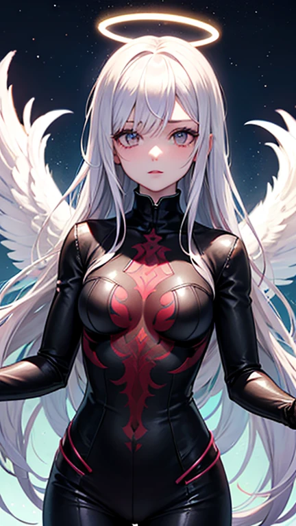 Superheroine drawing (women) stylized black suit, Angel wings, mask on the face, White hair, white skin and light eyes
