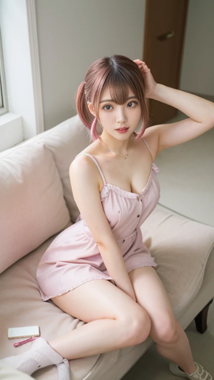 ((Realistic)), (((Japanese,Young girl,))),1 person、Beautiful 20 year old woman, ((Pink and white dress, Floral, high waist, Nice belt, Cropped shoulders)), slim, Slim your waist, High heels, shy, (Cute toothy smile), 耳Nipple Ring、Choker Necklace, Brown long hair、bangs、 Simple Background, Sit on the edge of the bed, Lie down, Stand on your feet、Stick your knees together, Fascinating skirt, Pose for a photo, Strike a pose gracefully, Warm Light, Warm color palette, Professional Lighting, Photon Mapping, Radio City, Physically Based Rendering, RAW Photos, highest quality, Beautiful Face, Beautiful skins, Charm、Ultra-realistic photos