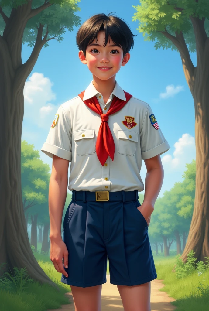 school, Boy Scout uniform, teen, outdoor, forest, tall trees, lush scenery, lively expression, natural lighting, summer atmosphere, campping
