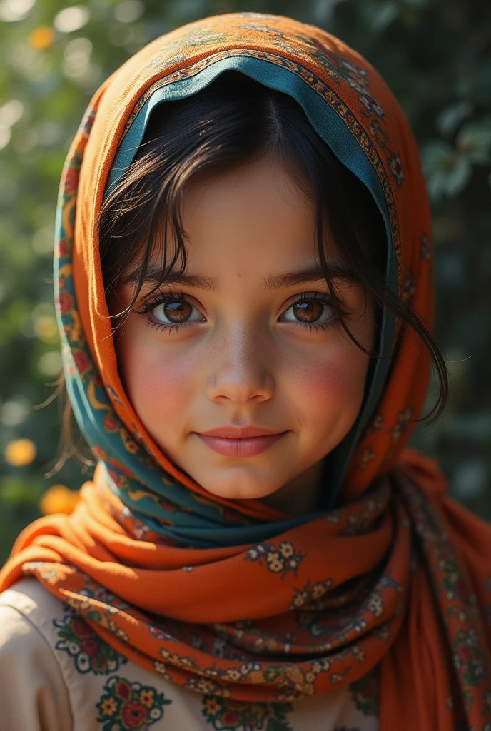 A young girl wears a traditional Algerian dress decorated with an Algerian flag scarf around her neck.. that it