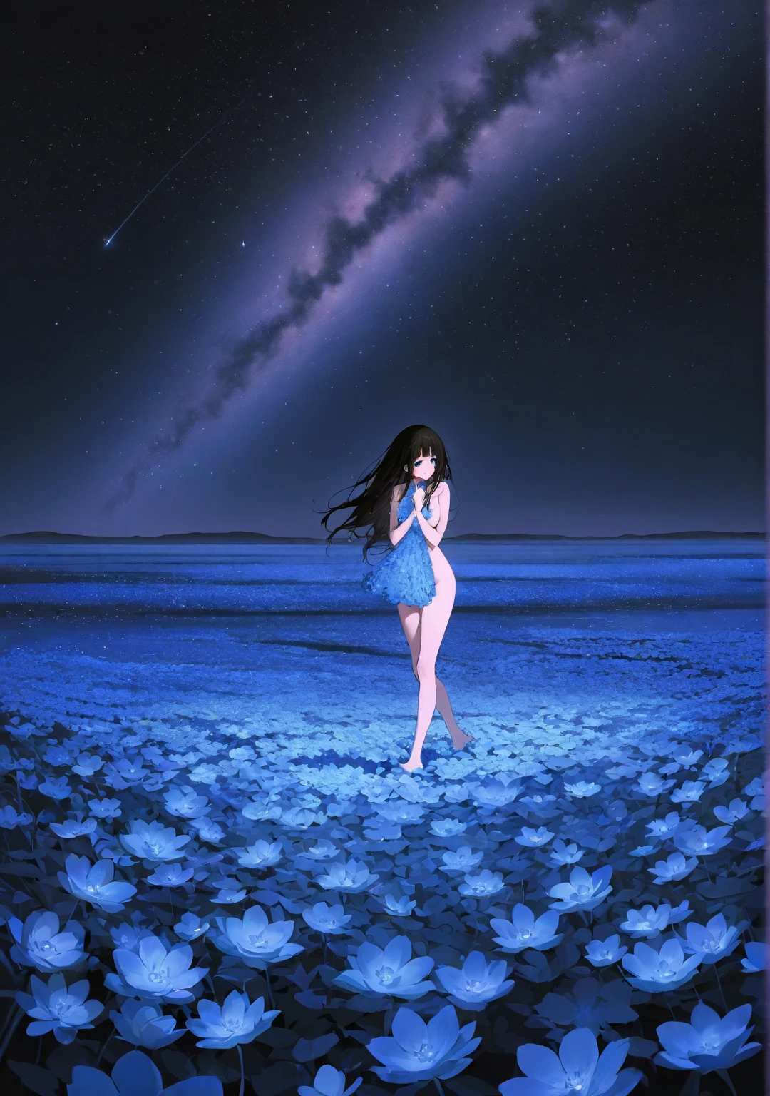 1girl, (solo), long curly hair, dark blue hair, small breasts, light blue eyes, small size, blue skin, perverted face, red cheeks, (naked), full body, (very lots of cum on sex), standig, (night), white moon, medieval town, forest behind, (very sexy body, detailed face, masterpiece, highly detailed, 8k, best quality, vibrant colors, digital art, concept art).