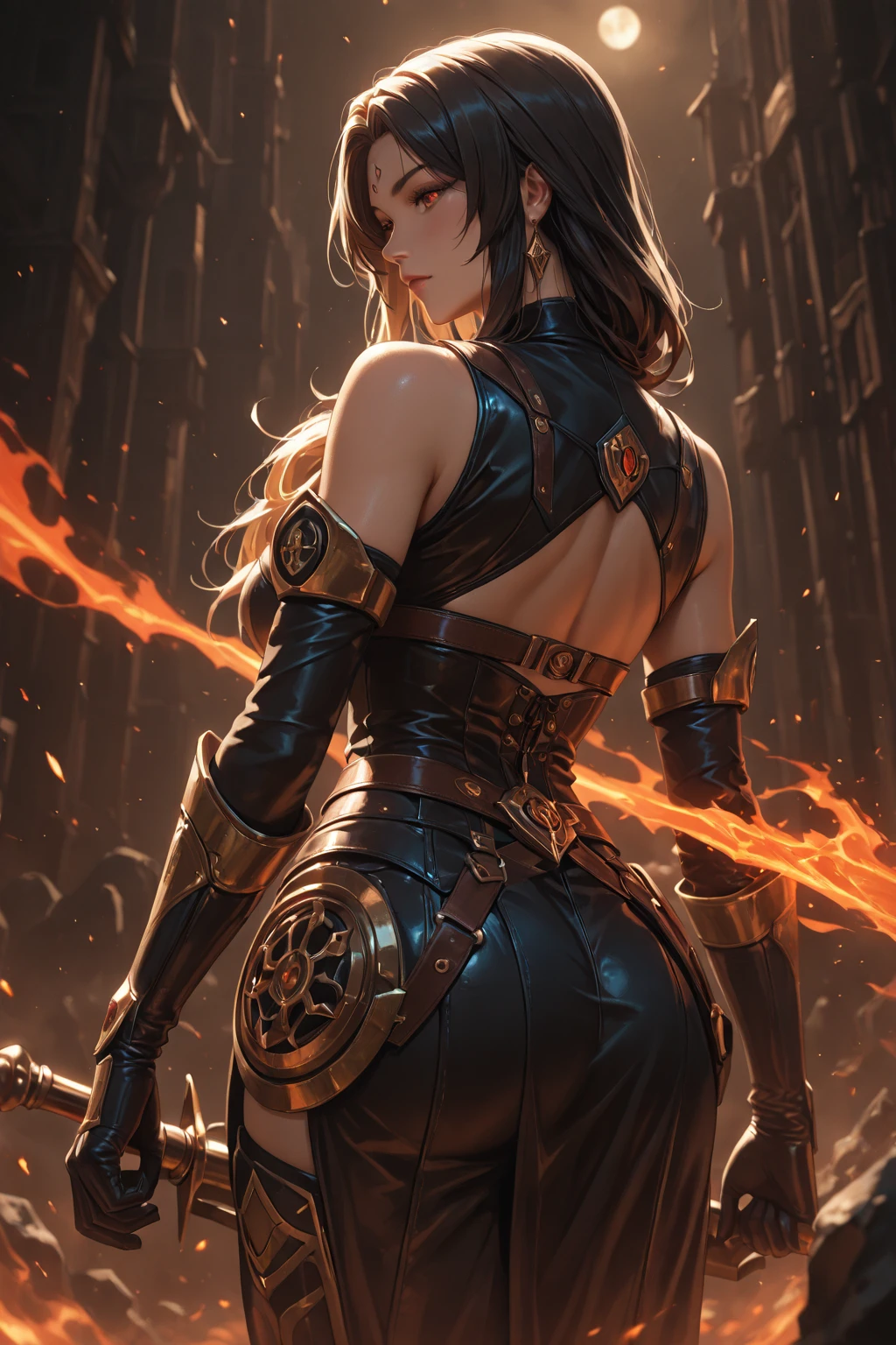 meishaonv, magic circle, photorealistic, 
RAW Photos、Realistic、Super detailed、High resolution、masterpiece、Highest quality、8K、(Angle from below)、(Back view)、Turn around to look at the viewer、Beautiful and well-proportioned face、(Perfect Anatomy)、One woman、20-year-old、(Magic City Palace)、(A female mage warrior in a sexy evening dress)、(See-throughで大きなスリットのあるマキシ丈のドレス)、Super hourglass body type、(Upward-facing super big breasts)、(Wide super big ass)、Black Hair、(The right hand holds the flaming blade sword correctly.:1.4)、(Magic shield in left hand:1.3)、Correct and beautiful fingers、(Legs spread and butt thrusting in combat pose)、A huge magic circle in the background、A confident smile、(Sexy and acrobatic fighting poses)、(Increased costume transparency)、(See-through:1.3)
