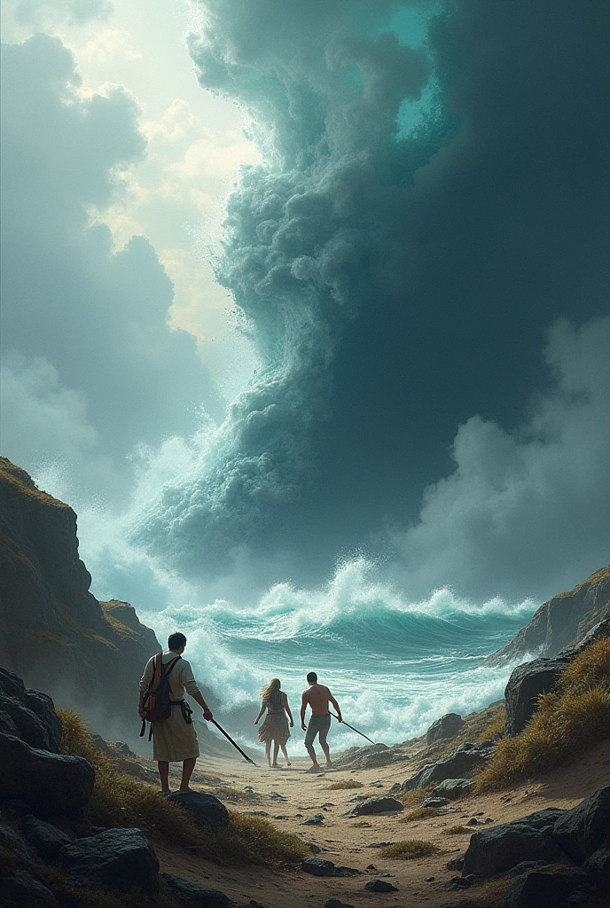 There are dark clouds in the sky. 
A huge wave is rising in the river. Two middle-aged men drown in the water, a sinking boat next to them. One is drowning. A buck is flying in the sky.