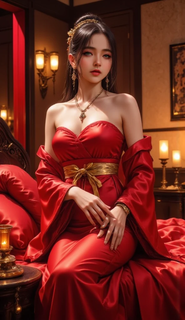 At the door, there is a woman in a black dress posing, full fairy, elegant and charming cosplay, wearing a translucent red aristocratic suit, royal elegant posture, sitting on a stool, ((beautiful fantasy queen)), flowing magic robe, tight short skirt succubus, fantasy robe, classical witch robe, crimson robe, beautiful and elegant queen, (big breasts: 1.2), (qi bangs), (ring finger diamond ring), masterpiece, realistic