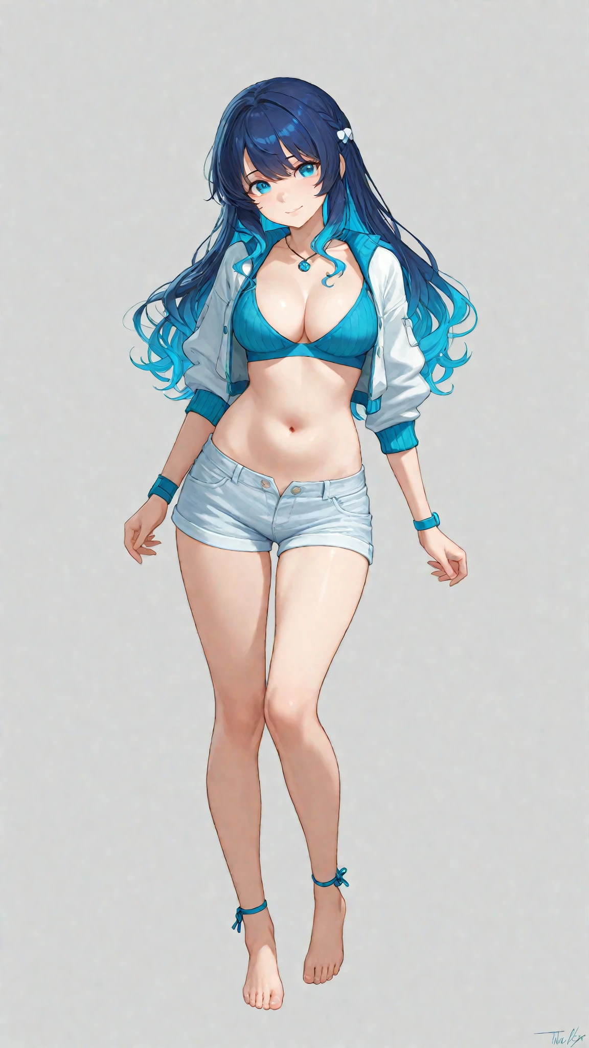 a woman in a bikini top and blue shorts, attire: bikini, realistic bikini, perfectly shaded body, full body, sunny weather, realistically proportioned body, fully colored, blank background, white background, jeans shorts, black-blue hair, gold navel ring, gold choker with jewel, underboob