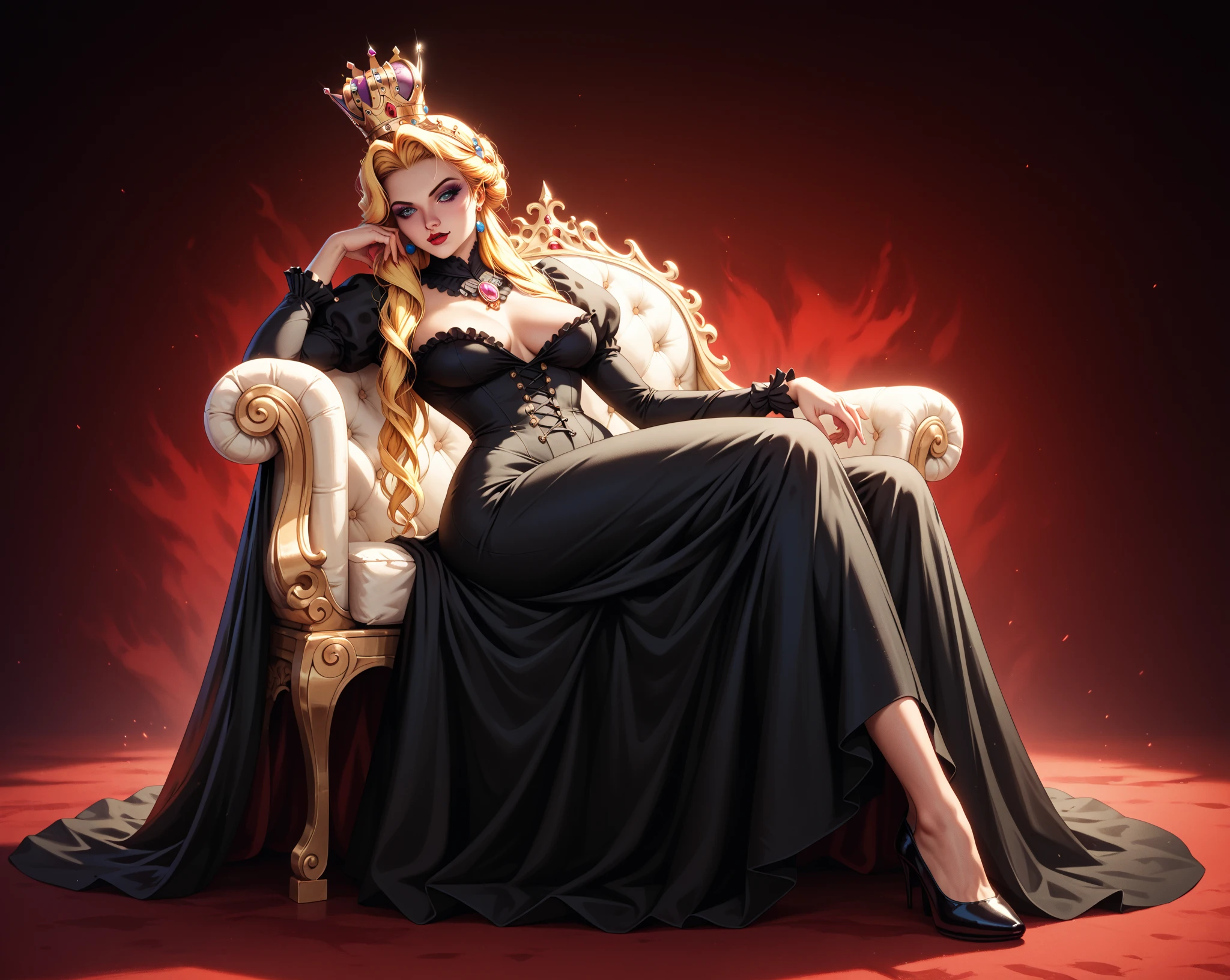 In the dark castle throne room on the huge royal throne in seductive pose siting beatiful demon queen, She have beautiful face with pink eyes rakr eye shadows and dark lipstick sexy make up, golden ring shape earrings on her ponty ears. she have long gorgeous bloody red hair.. dressed in majestic sexy black royal robe with golden metal parts, also she have tattoo all over her body her hands have lonf beautiful nails, (ultra high quality fantasy art, ghothic dark fantasy style, masterpiece, ultra high quality character design, 8k quality anime art, realistic anime art, top quality wallpaper illustration, detailed ultra high quality accurate face, high quality design and accurate physic)