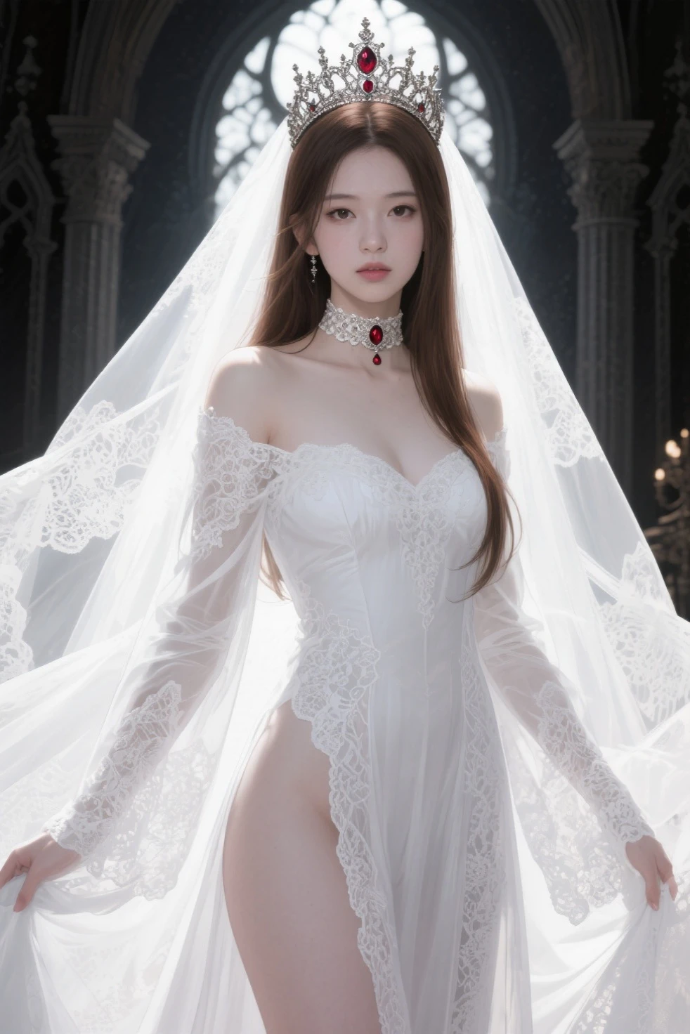 standing, looking back, (bare back:1), (vulnerable:1.4), (thigh:1), (Looking away:1.4), (stained glass windows:1.4), (Christian Church:1.4), (dark:1.7), (transparent white long dress:1.6), (moonlight), (goddess-like:1.2), (extremely delicate and beautiful:1.5), (cleavage:1.4), exhibitionism, (photorealistic:1.4),8k,(masterpiece), best quality, highest quality, (detailed face:1.5),original,highres, unparalleled masterpiece, ultra realistic 8k, perfect artwork, ((perfect female figure)), 25 years old female, narrow waist, skinny,detailed skin, npmaybe, probably no panties, hidden privates