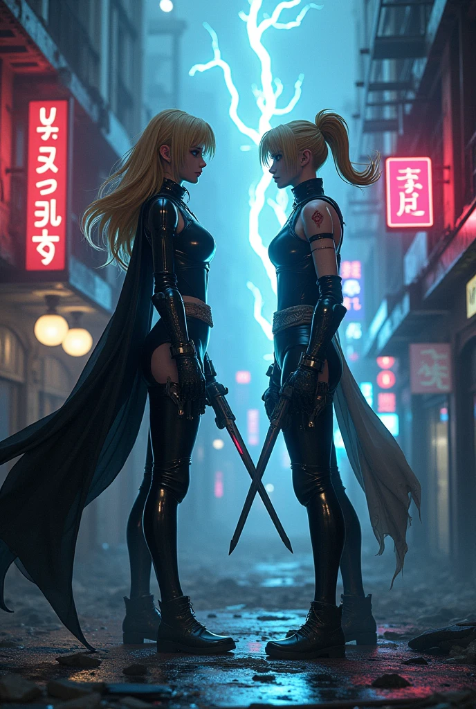 a girl with a chrome ninja robotic body, featuring sleek and reflective high-tech components designed for agility and stealth. She has a blonde ponytail, blue eyes, and an angry expression, partially obscured by a ninja robot face mask. She stands in a dark forest, where the moonlight reflects off her polished mechanical limbs and torso, creating an eerie glow against the shadowy trees.