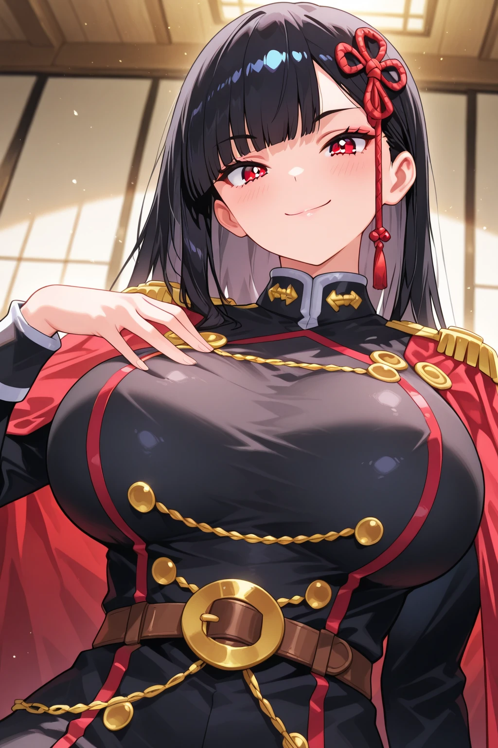 30 year old woman, chest shot, black eye, black hair, warm background, grin