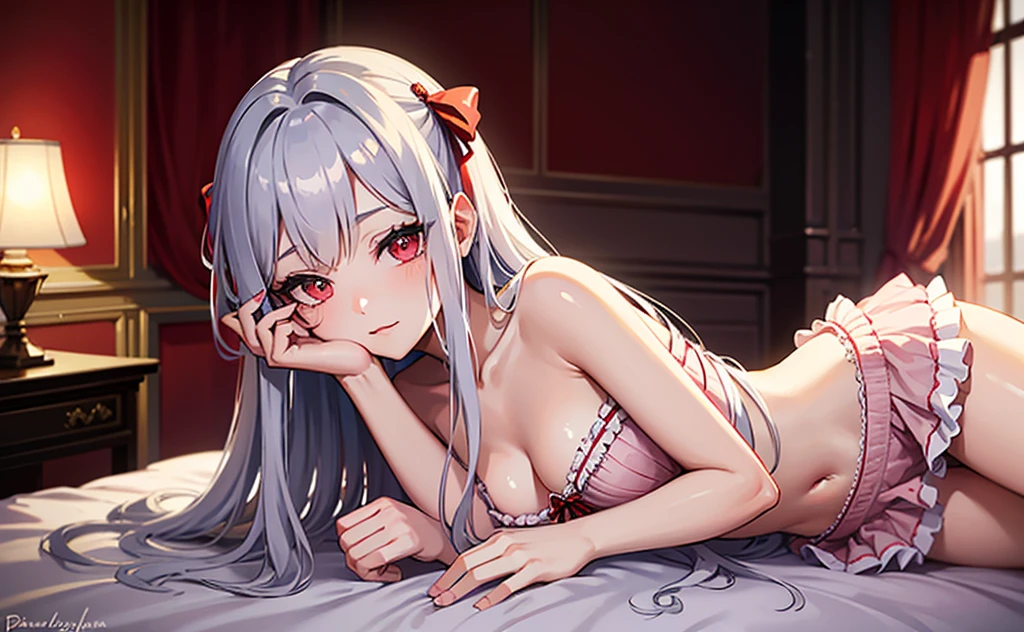 (masterpiece, best quality, beautiful and aesthetic:1.3), Elegant mature woman, 1woman, long silver hair, (small breast:1.0), red eyes with slit pupils, (wedding dress), black lingerie, black panties, garterbelt with gold stocking, small details, detailed face, in the dark, deep shadow, discreet key, Pure erotic face ace_V1, lie on your back in bed, from above, bedroom, light smile