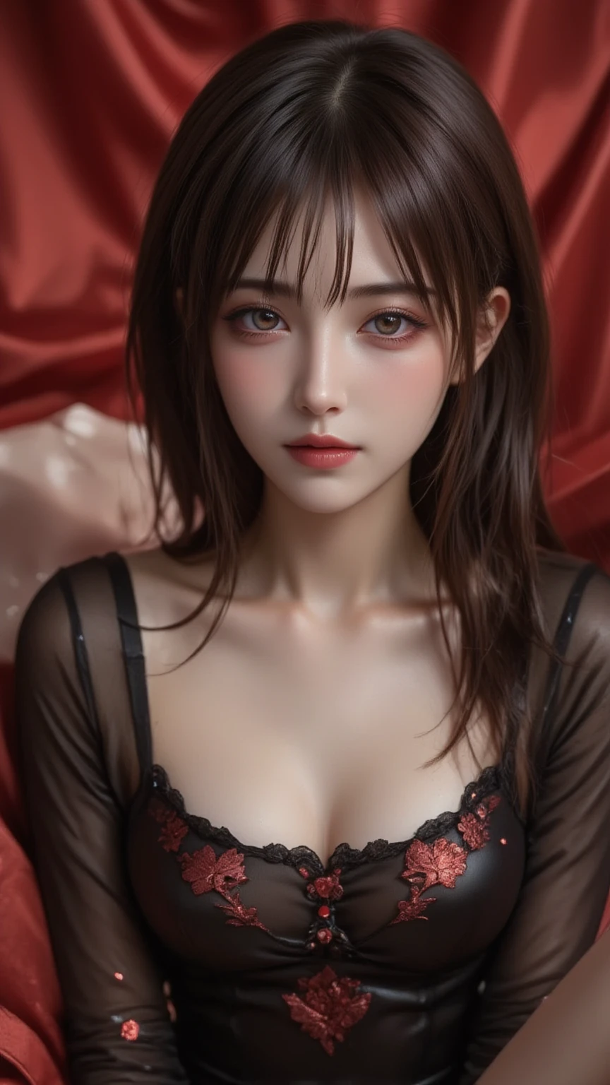 Close-up, (neon, night view, Dutch angle, from above, strapless: 1.3), masterpiece, top quality, raw photo, photorealistic, off-shoulder, red lace dress, red choker, reddish-purple eyes, up, upper body, cleavage, face light, shiny skin, film grain, chromatic aberration, absurdity, high resolution, ultra detail, detail, detailed eyes and face, sharp pupils, realistic pupils, sharp focus, sexy inviting pose, crotch opening, full body, posing to take pictures, sweating, wet skin, shy, red cheeks, embarrassed, full body wet, lying down, disheveled, whole body wet, whole body in the picture, thin and beautiful long legs
