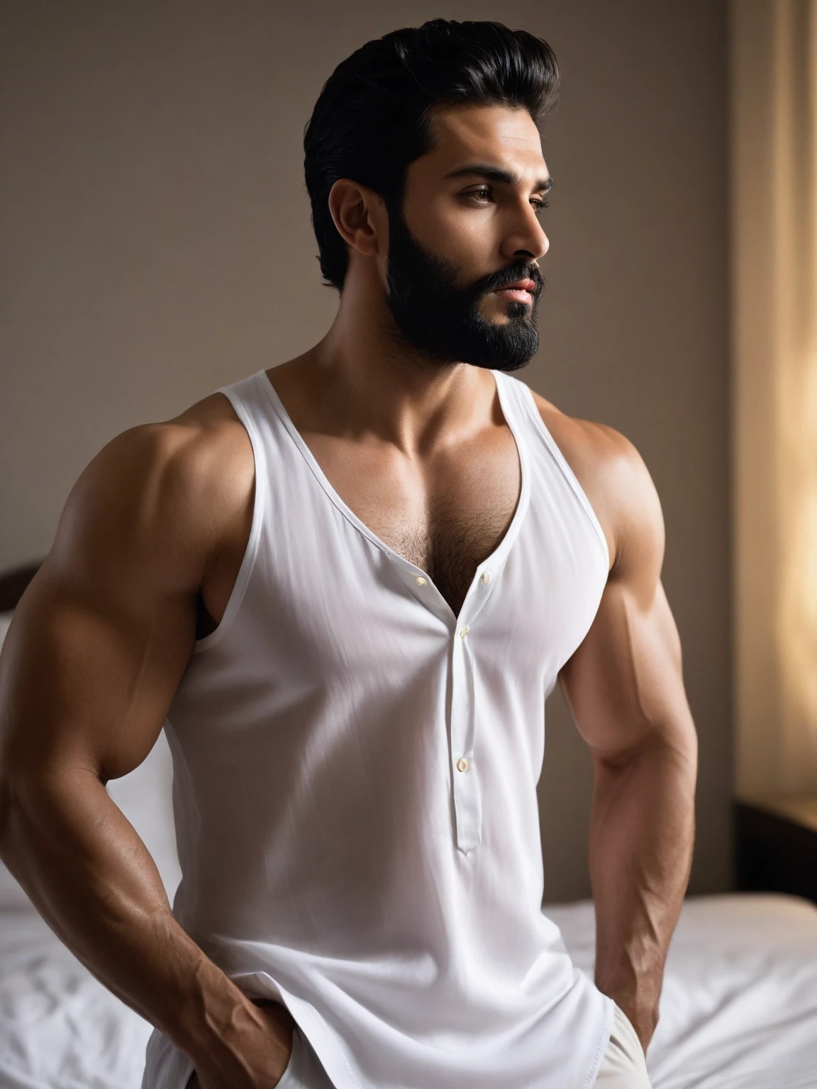 Male Character, handsome indian huge hairy bodybuilder muscular hunk with nice hairstyle and Pain is raging on the face, screaming with pain and making aggressive face expressions with eyes closed, the head is tilted back , Beard, Sharp Jawline, Intense Eyes, Muscular bodybuilder Body, Standing, Photographic Image, Candid, Beige Colour Color unbutton Shirt, Unbuttoned Shirt Revealing Body, Masterpiece, amazing photography, sexual tension, horny, erect bulge, without clothing, messy hair, brown skin, face, full body, body with hair on chest, light black hair, lots and lots of hair on chest, hairy in the lower part; highly detailed skin, skin pores, sunny weather, steam, showers, 8k uhd, dslr, dim lighting, high quality, film grain, ful body view in photo, head to toe, his perfect( big huge penis) is (coming out) of his pant,masterpieces, seductive, erotic, exotic, lots hairy chest