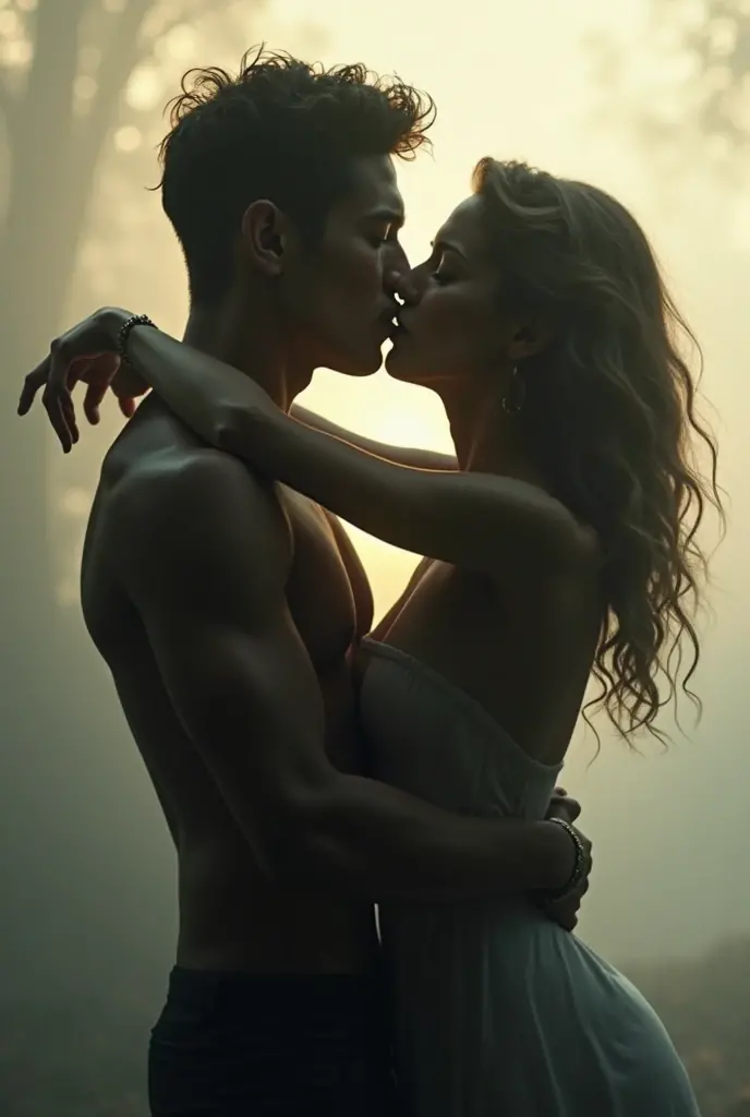 Fantasy Boys, young man curly black hair 18 years old hugging a young blonde woman and another young man wearing a suspenders pants with no shirt