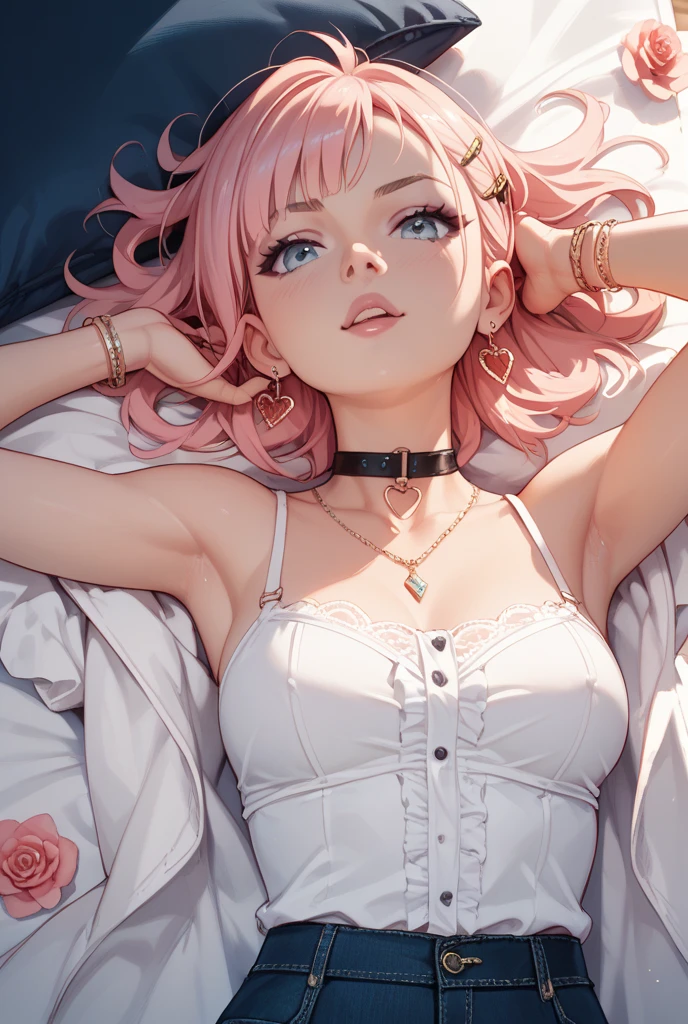 Fantastic, One person girl, lodge, Humanity, , belly button, , (masterpiece, The best quality at its best), Horizontal Thunder, , Beautiful and delicate eyes, Subordinate Chain, Slave Collar, Lie down in bed,, Eyes Wide Open, Sticking out tongue,-tongue, crazy, Open your mouth, scream, Ahegao, Difficulty breathing, Make your face bright red, sweating,  No underwear，Multicolor hair, Full Body Lesbian, Pink nipples, Pink Cat、((Torn and tattered))、A shiny body with oiled erect nipples))、((penis:In the)) (Pink nipples)