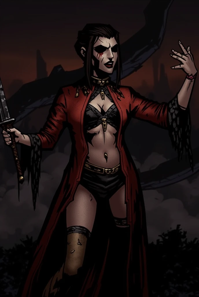 Dvorah, black eyes, black lips,   grin,    squatting,  black black sclera,   
hood up,  torn clothes,  covered nipples, thorns, spikes,   cowboy shot,  tube top,
 solo
underground, 
(insanely detailed, beautiful detailed face, masterpiece, best quality) 
 <lora:Dvorah:0.7> realistic,