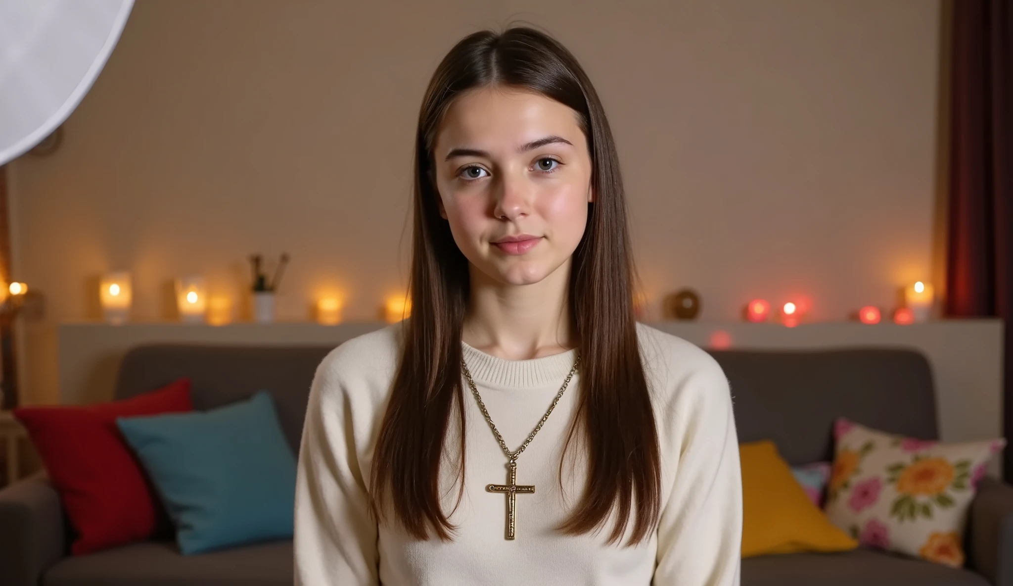 Generates the image of an 18-year-old girl, full body, white skin, with long hair, black and straight, And black eyes. She has a cross hanging around her neck. She wears a white sweater. In the background her room.