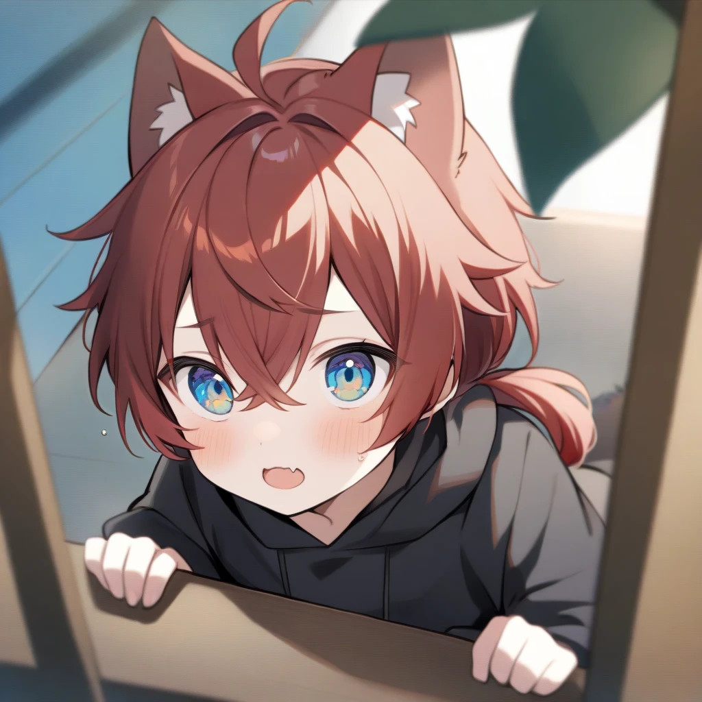 loli, fire background, very long hair, light red hair, white hair streak, small head, cat ear, multicolored_hair, multicolored_eye, green and orange odd eye, white shirts, black pants, ultra quality, best quality, black jacket, hands in pocket, long coat