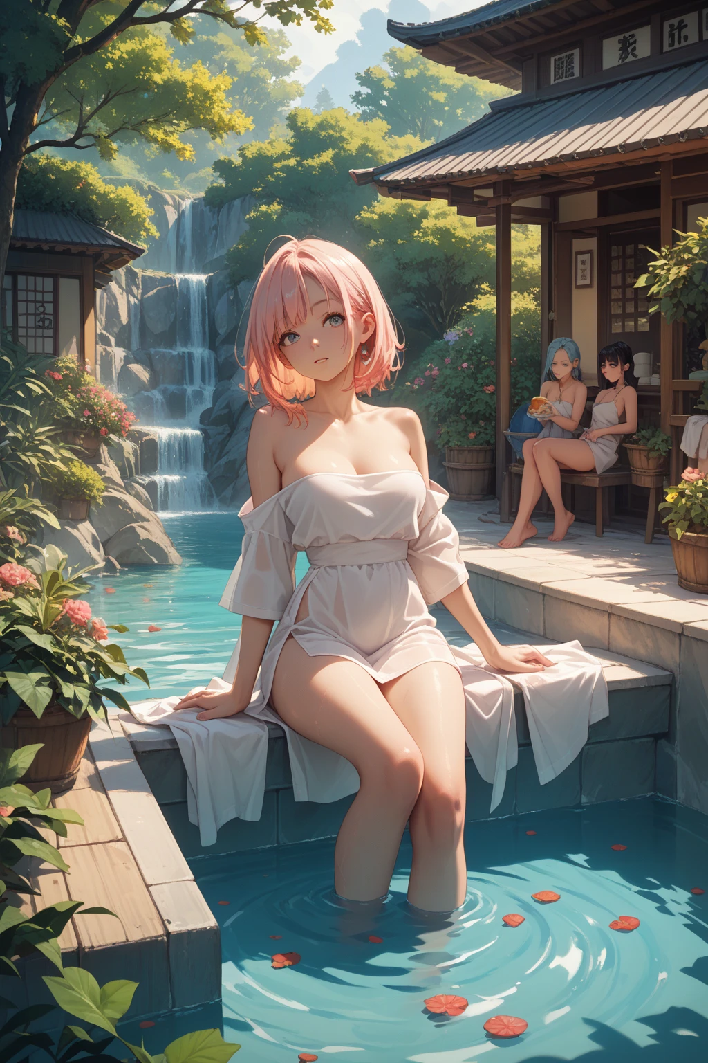 ((masterpiece)), ((best quality)), (very detailed), real taist,8k,pixiv best quality,Potato,
Japanese public woody bath, woody bath tub,Japanese stone lantern, Sake on a tray,
(A girl wrapped in a towel and soaking in a bathtub), relax smile, closed eyes, open mouth, cute,
 teenage, medium boobs, kawaii, pink hair,hair tied up
absurd resolution, absurd detailed, best quality, spoken music note,
