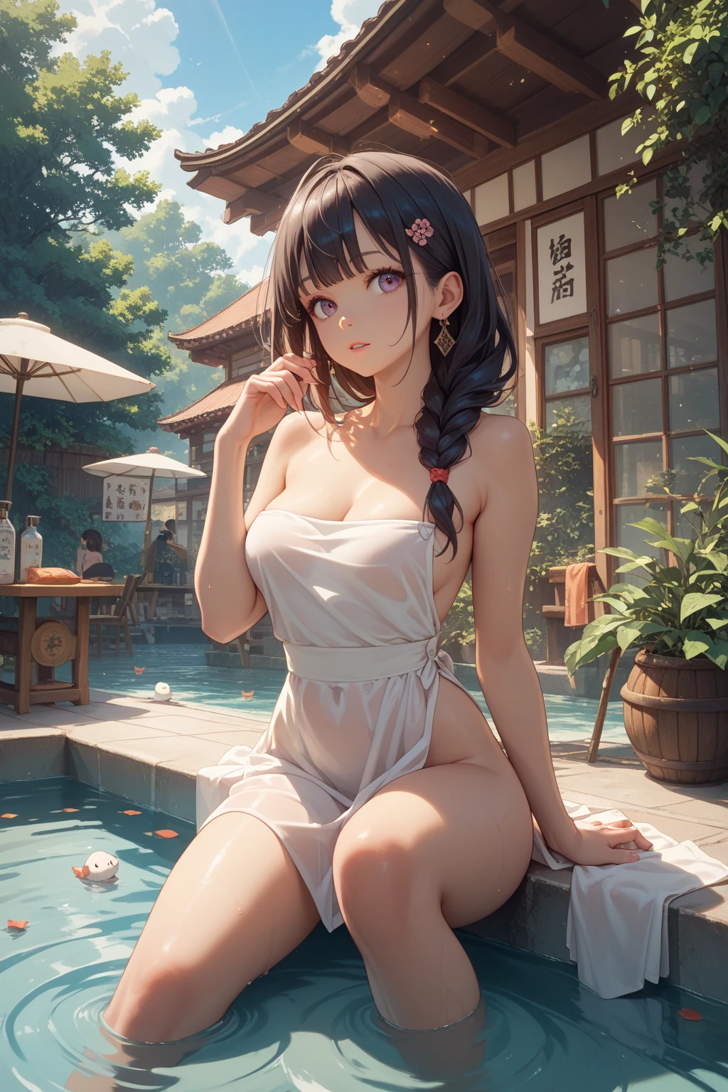 (Masterpiece, highest quality, in 8K, 32K, masterpiece, hehehe, super A high resolution, impressionist, photorealistic: 1.2),((completly naked)),A serene 8K masterpiece of a young woman with long, dark hair and bangs, adorned with a hair ornament, sits outdoors in an onsen setting at sunset. Her brown eyes sparkle as she gazes directly at the viewer, her cheeks flushing with a gentle blush. A subtle smile plays on her closed lips. Her big-sized breasts , with bare shoulders and a ponytail secured with a scrunchie. Water gently laps at her feet as she sits with one arm raised, onsen , night, moon light, Open-air bath, sitting