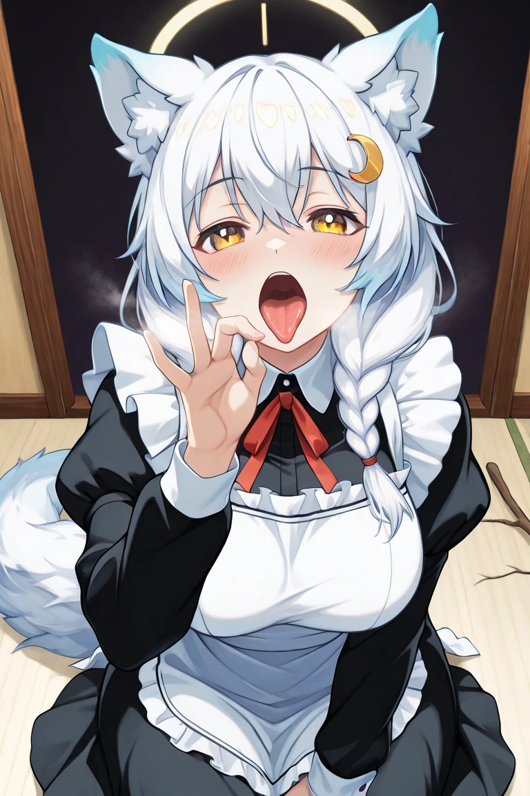 Score_9, Score_8_up, Score_7_up, Score_6_up, Score_5_up, Score_4_up, source_anime, anime style, screencap, 1girl, midori fuse, long hair, ribbon, purple eyes, hair ribbon, white hair, white cat ears, licking penis, saliva, cum in mouth, close up