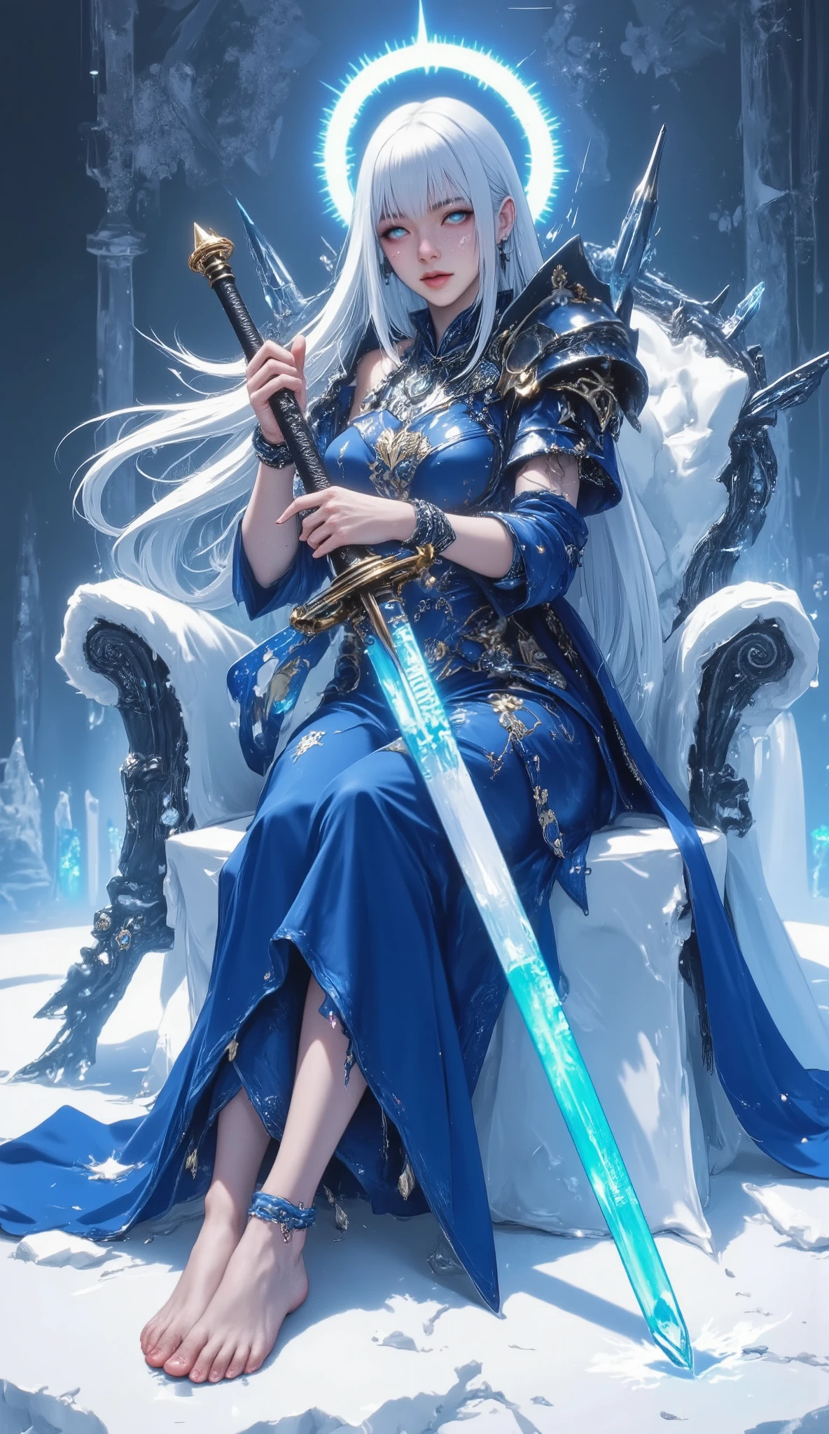 Masterpiece, highres, absurdres, 1woman, long white straight hair, light blue eyes, long adorned blue dress, dark blue brestplate armor, bright light blue halo above head, holding a icy broad longsword with the tip of the sword on the ground, barefeet with ankle bracelets. Ice throne room in the background.