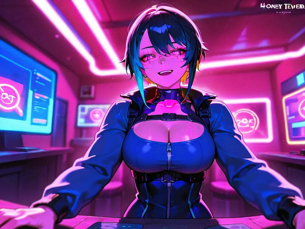 masterpiece,Highest quality,Super quality,She shows me her  as a reward,Sexy costume,cyber punk,smile,Beautiful breasts,Female Operator