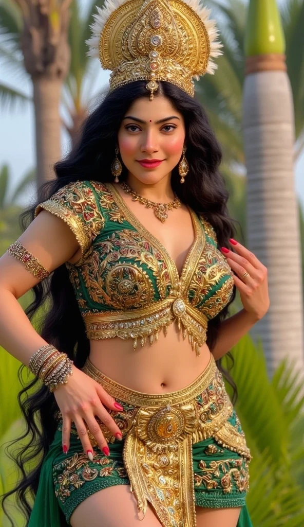 (((Anne Hathaway:Selena Gomez:0.7)))((Heavy body)), ((gems, shinning crystals, green)), ((glossy outfit)), ((masterpiece))((Black hair)),((Unreal Engine 5)), ((ultra high definition)), ((ultra high resolution)), ((full sharpness)), ((maximum quality)), ((Cinematic)), ((8k)), ((ultra white girl)), ((extremely beautiful)), ((very chubby)), ((very tall woman)), ((alone)), ((full body)), ((ultra detailed face)), ((ultra detailed eyes)), ((ultra blue eyes)), ((ultra realist eyes)), ((ultra detailed irises)), ((perfect body)), ((ultra delicate hands)), ((ultra detailed hands)), ((ultra detailed fingers)), ((natural lighting)), ((back view)), ((malicious smile)), ((smooth skin)), ((ultra small breasts)), ((very big ass)), ((ultra wide hips)), ((huge hips)), ((ultra wide hip bones)), ((very wide pubis)), ((ultra thick thighs)), ((ultra thin waist)), ((natural skin)), ((unique)), ((totally ultra realistic)), (so sweet), ((repeat the same face)), ((always the same face)), ((repeat always the same face)), ((different style)), (