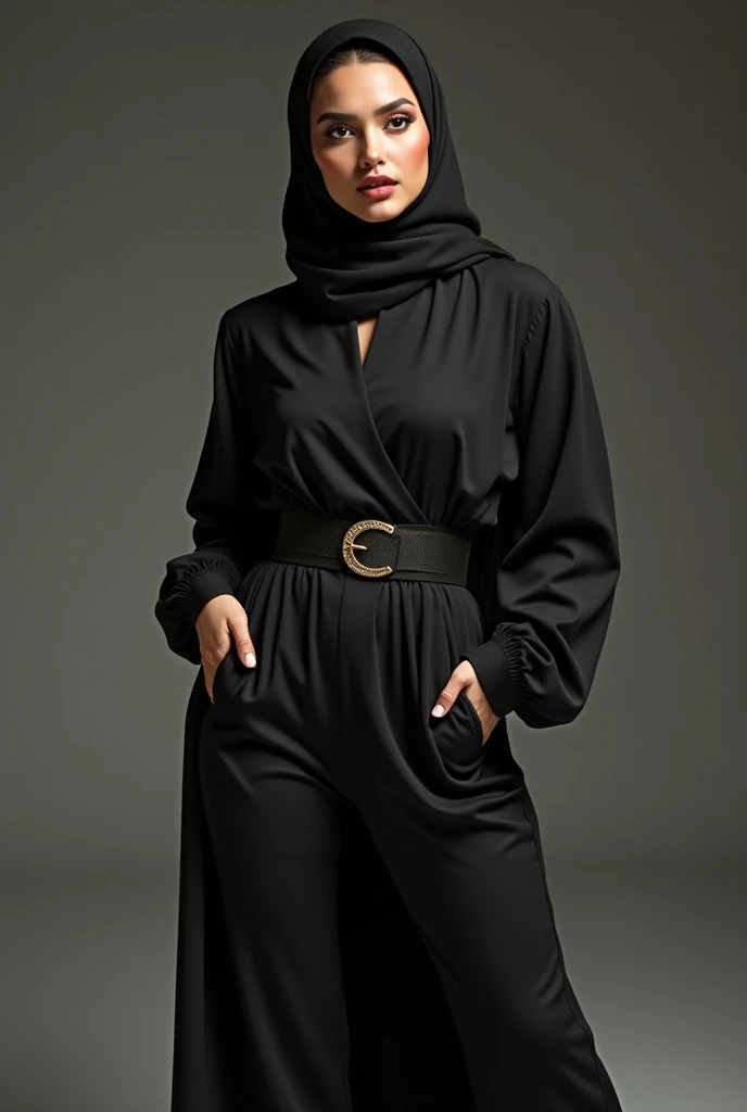 Sexy woman wearing hijab tight black dress walking around the house