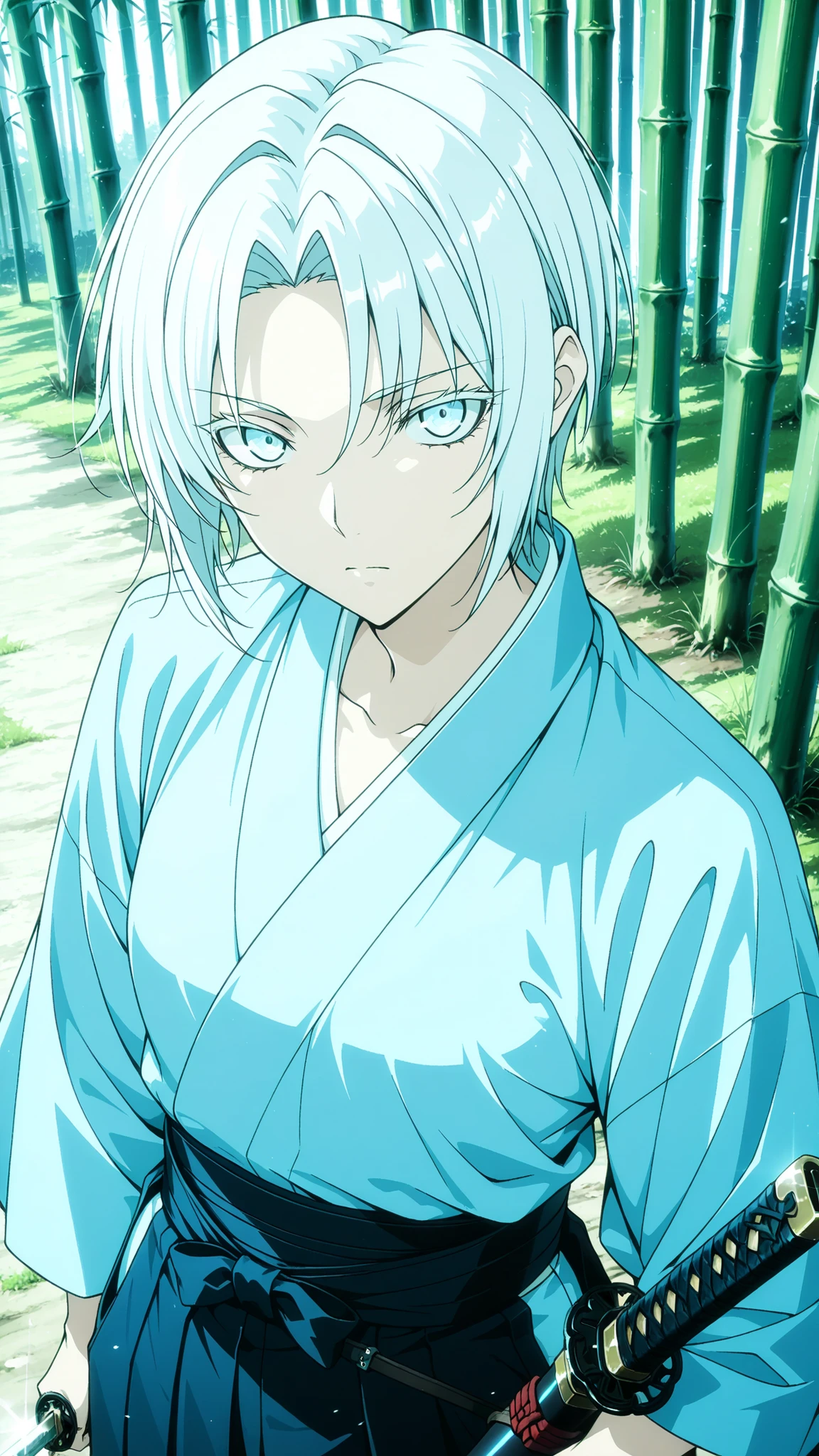 SAMURAI giri ,
High quality , best quality , masterpiece, High Resolution , anatomically correct,anime Coloring, Screencap
1girl,solo, tall woman, Cool woman,, androgynous,
White hair,short hair,, ,light blue eyes, , ,small breasts,
kimono,hakama,Katana,Katana focus, Sheath
looking at viewer , close-up,from above,upper body
, Bamboo forest
,, Gangsta style
