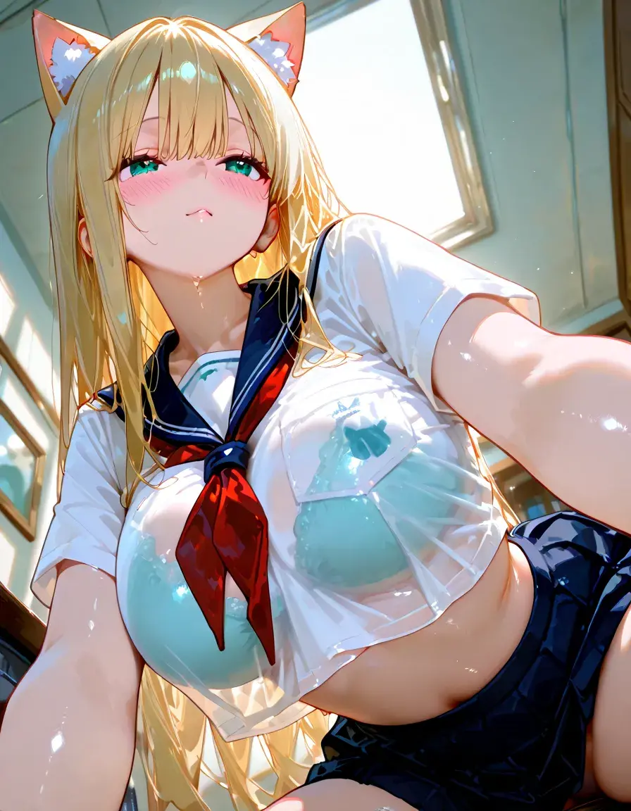 masterpiece, Highest quality, Perfect lighting, Facial Lighting, blonde, choker, Green Eyes, Long Hair, Sailor uniform showing underwear, Japanese ,blush, Breakwatch Viewer, Outdoor break, Leaning against a wall,Hold the bra